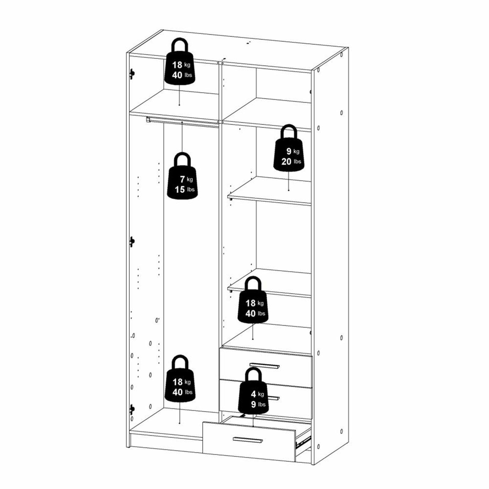 Modern wardrobe with doors and 3 drawers "Sprint" in white wood, 200 cm high.