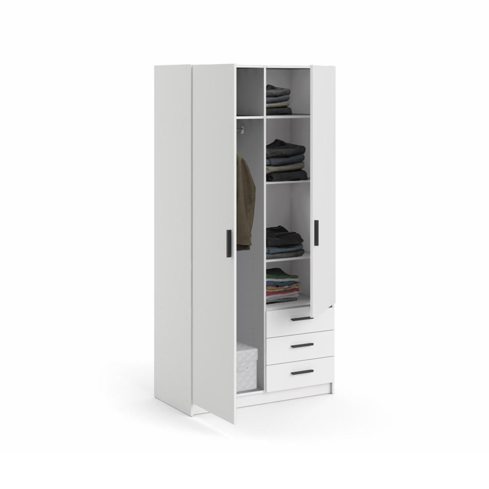 Modern wardrobe with doors and 3 drawers "Sprint" in white wood, 200 cm high.