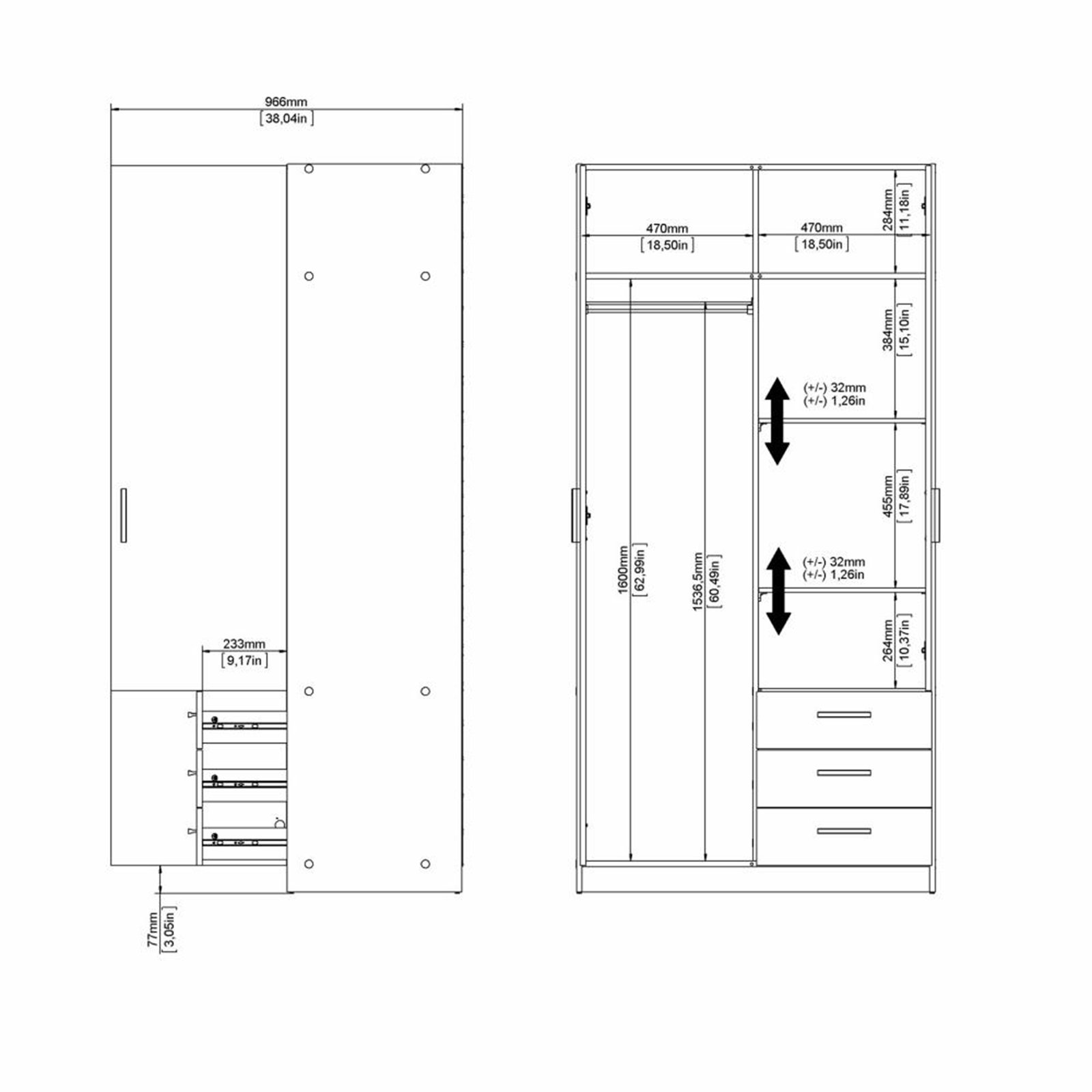Modern wardrobe with doors and 3 drawers "Sprint" in white wood, 200 cm high.