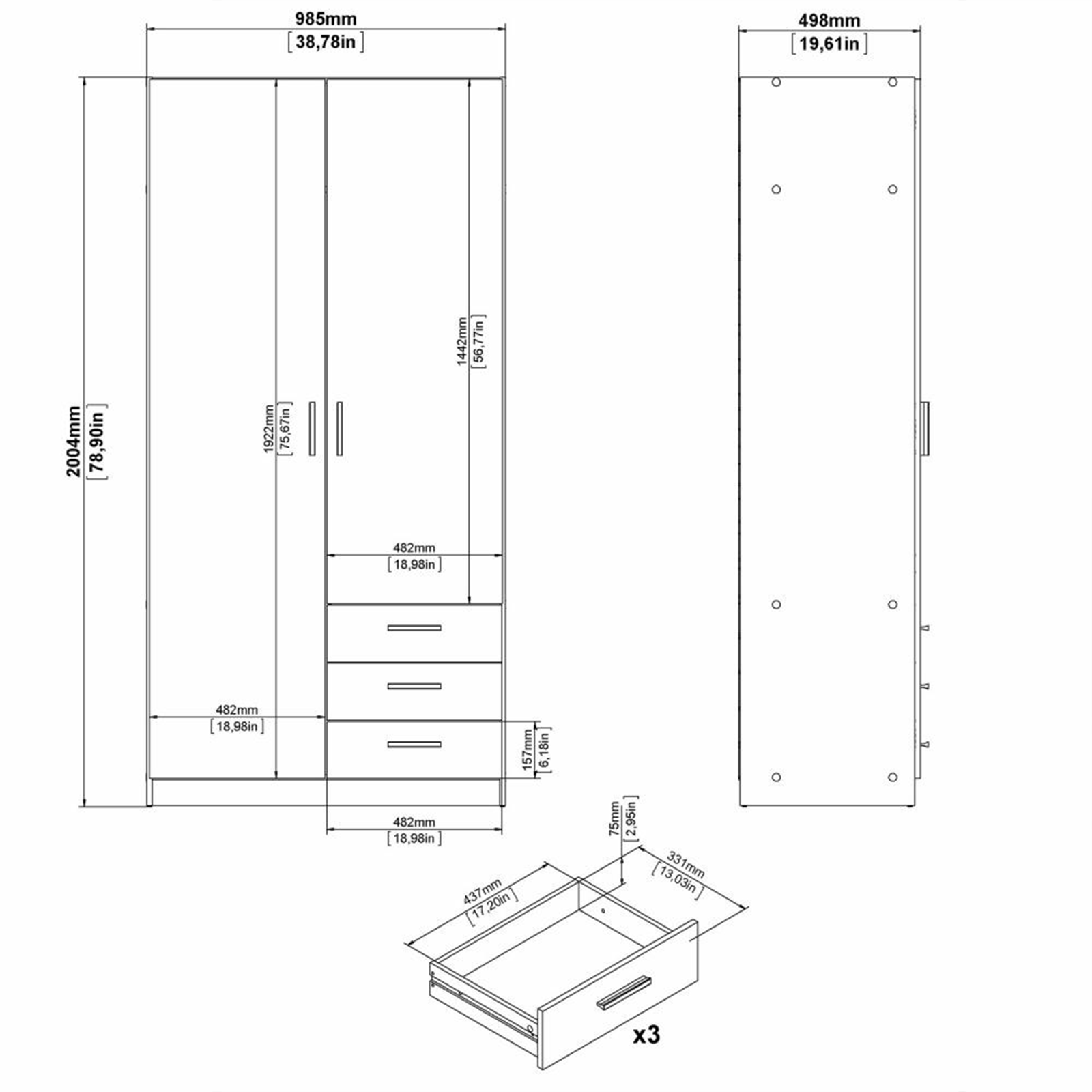 Modern wardrobe with doors and 3 drawers "Sprint" in white wood, 200 cm high.