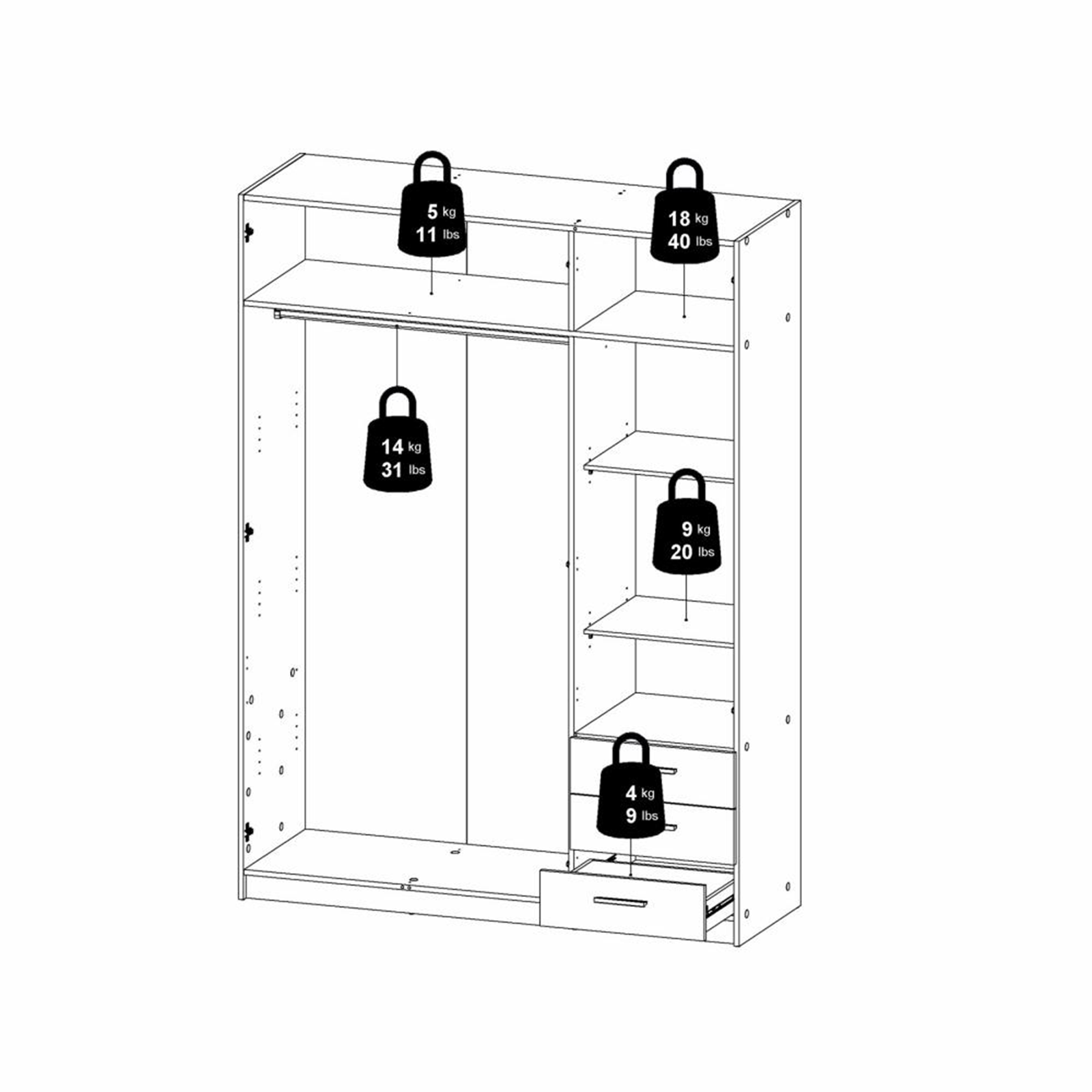 Modern wardrobe with doors and 3 drawers "Sprint" in white wood, 200 cm high.