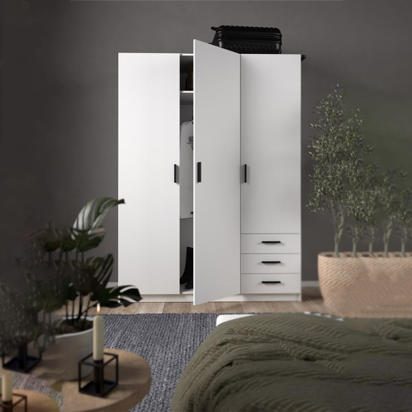 Modern wardrobe with doors and 3 drawers "Sprint" in white wood, 200 cm high.