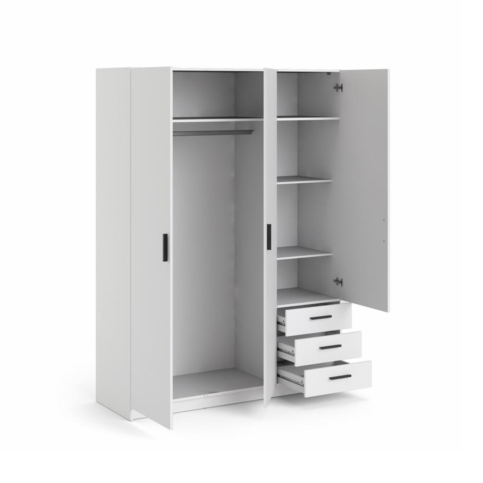 Modern wardrobe with doors and 3 drawers "Sprint" in white wood, 200 cm high.