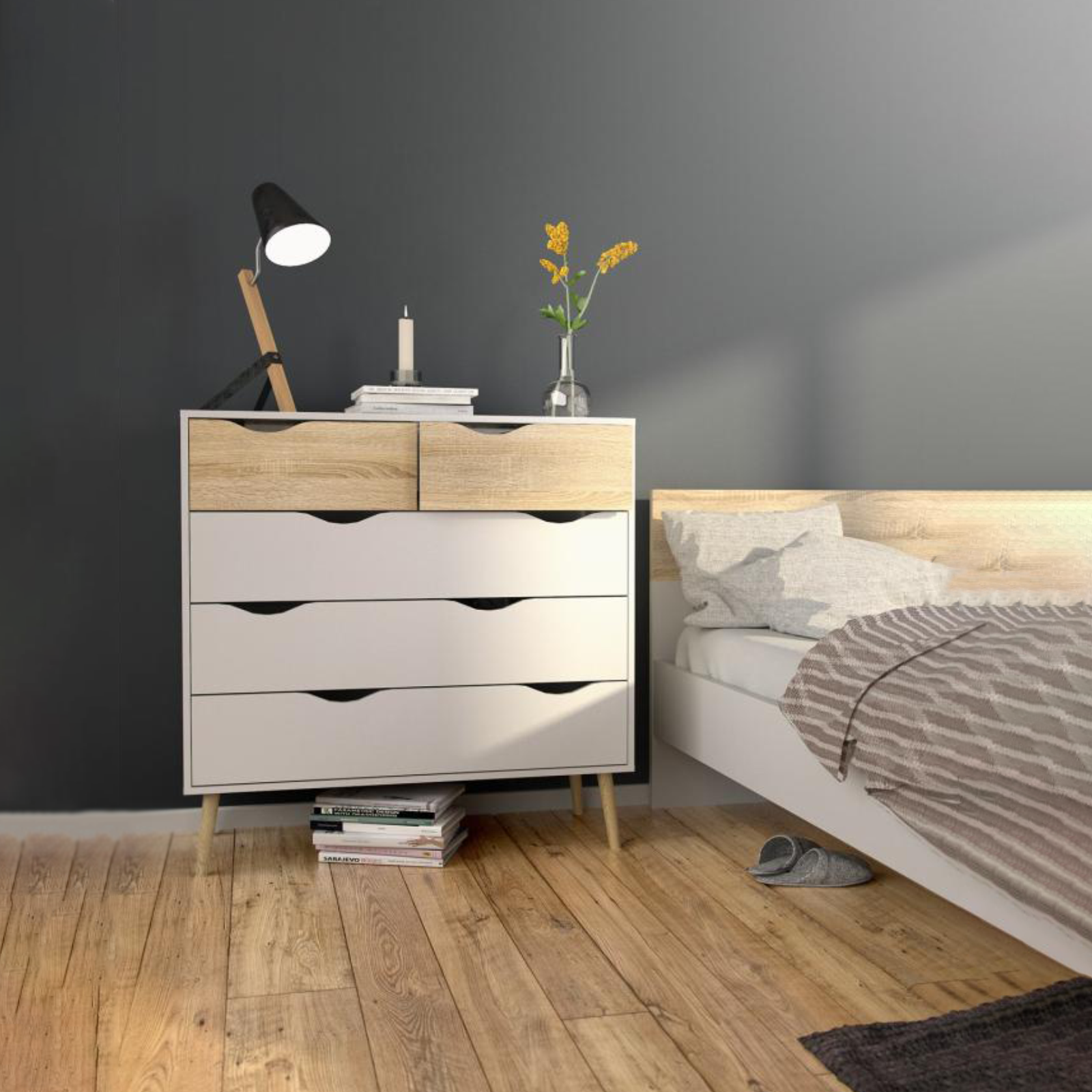Modern "Oslo" bedroom chest of drawers in white and oak wood