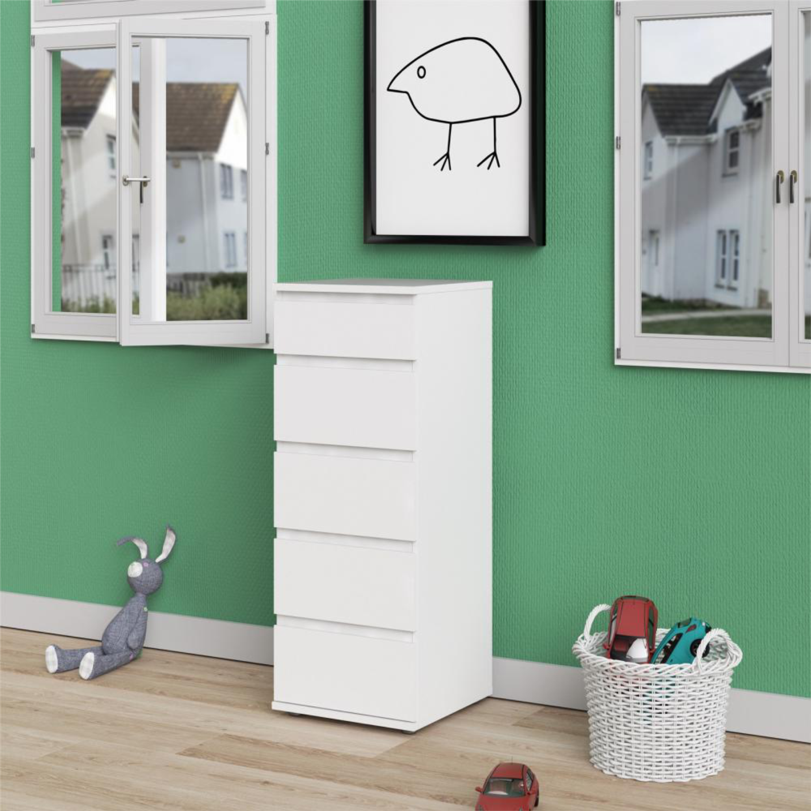 Modern "Nova" bedroom chest of drawers in white and oak wood