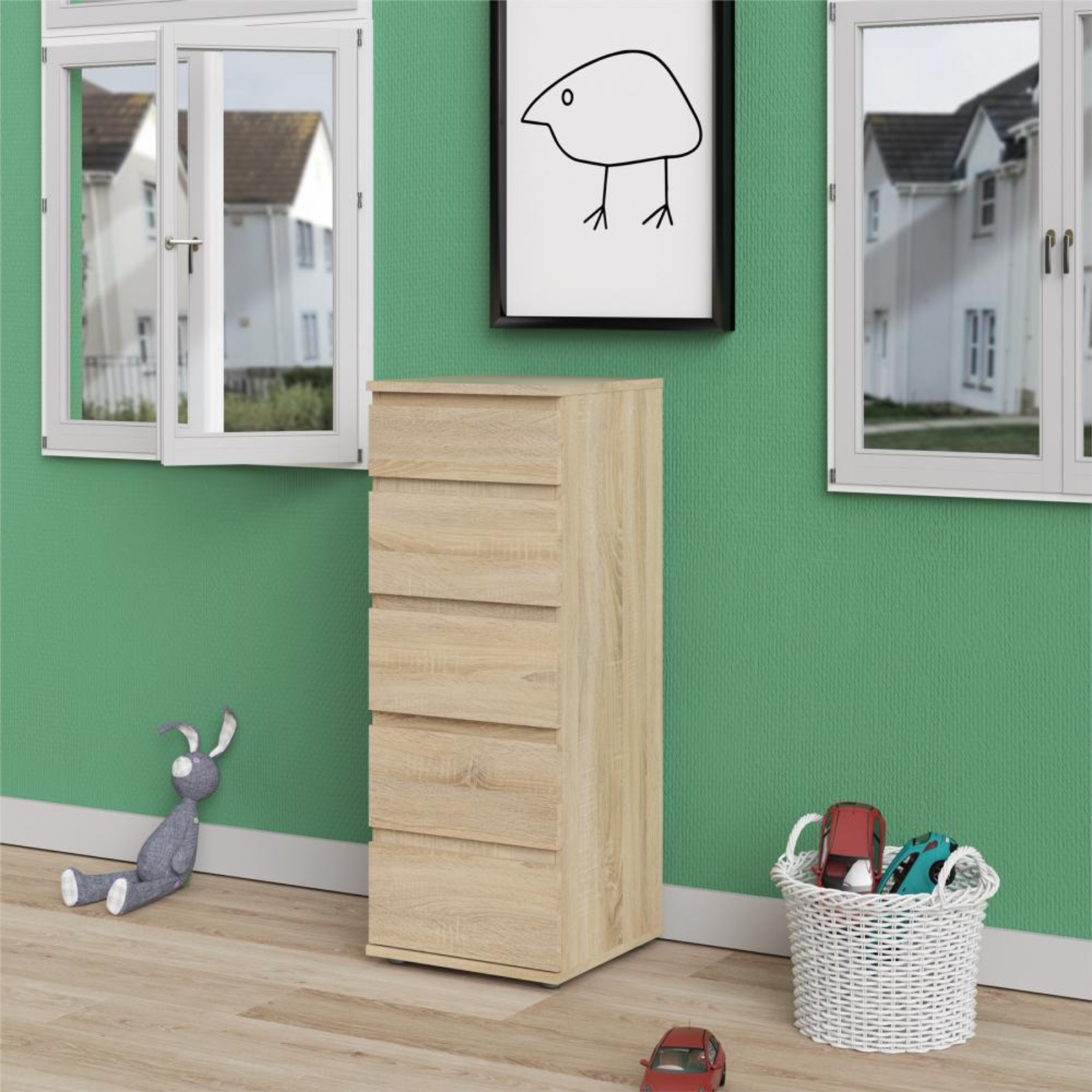 Modern "Nova" bedroom chest of drawers in white and oak wood