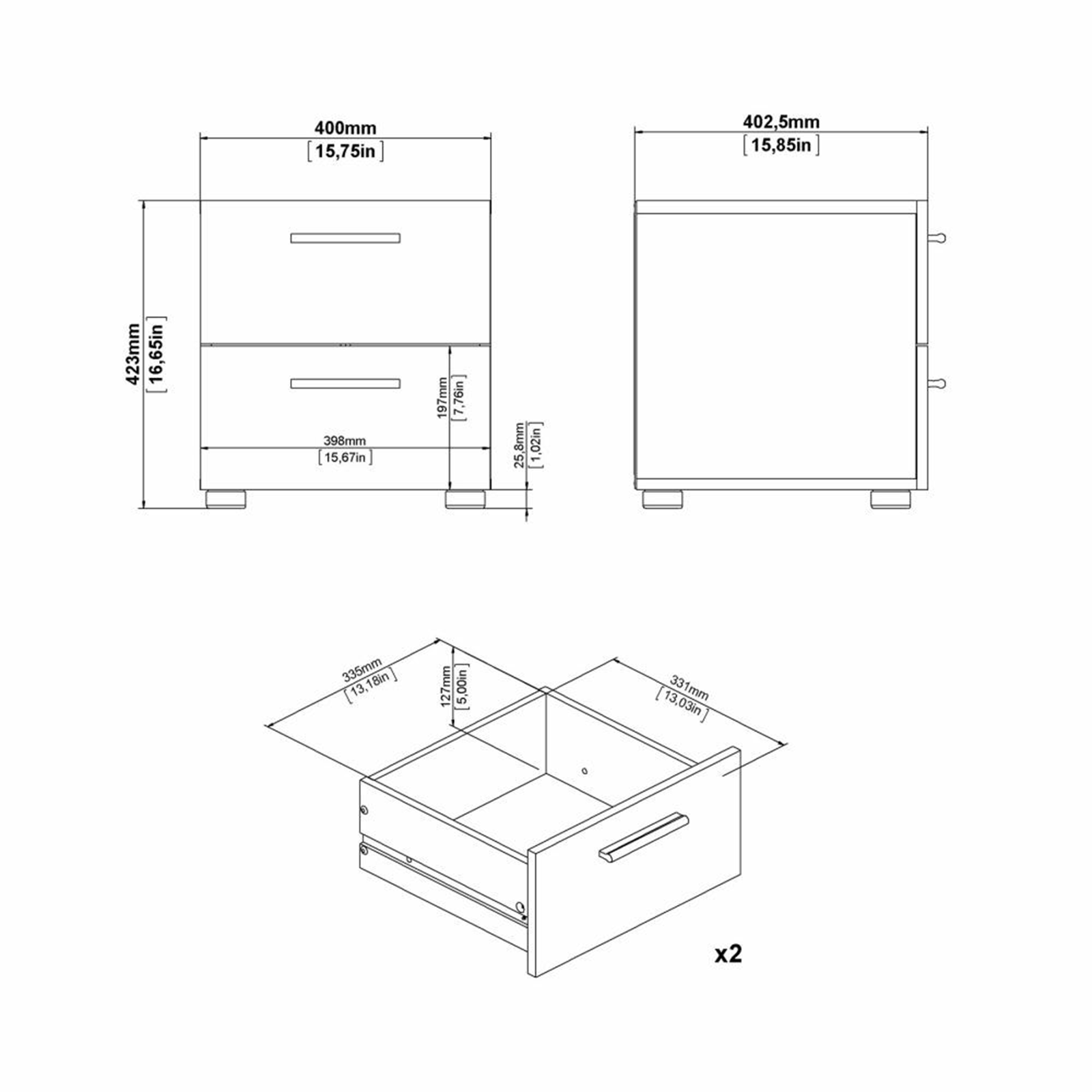 Modern wooden bedside table "Pepe" bedside cabinet with 2 drawers cm 40x40 42h