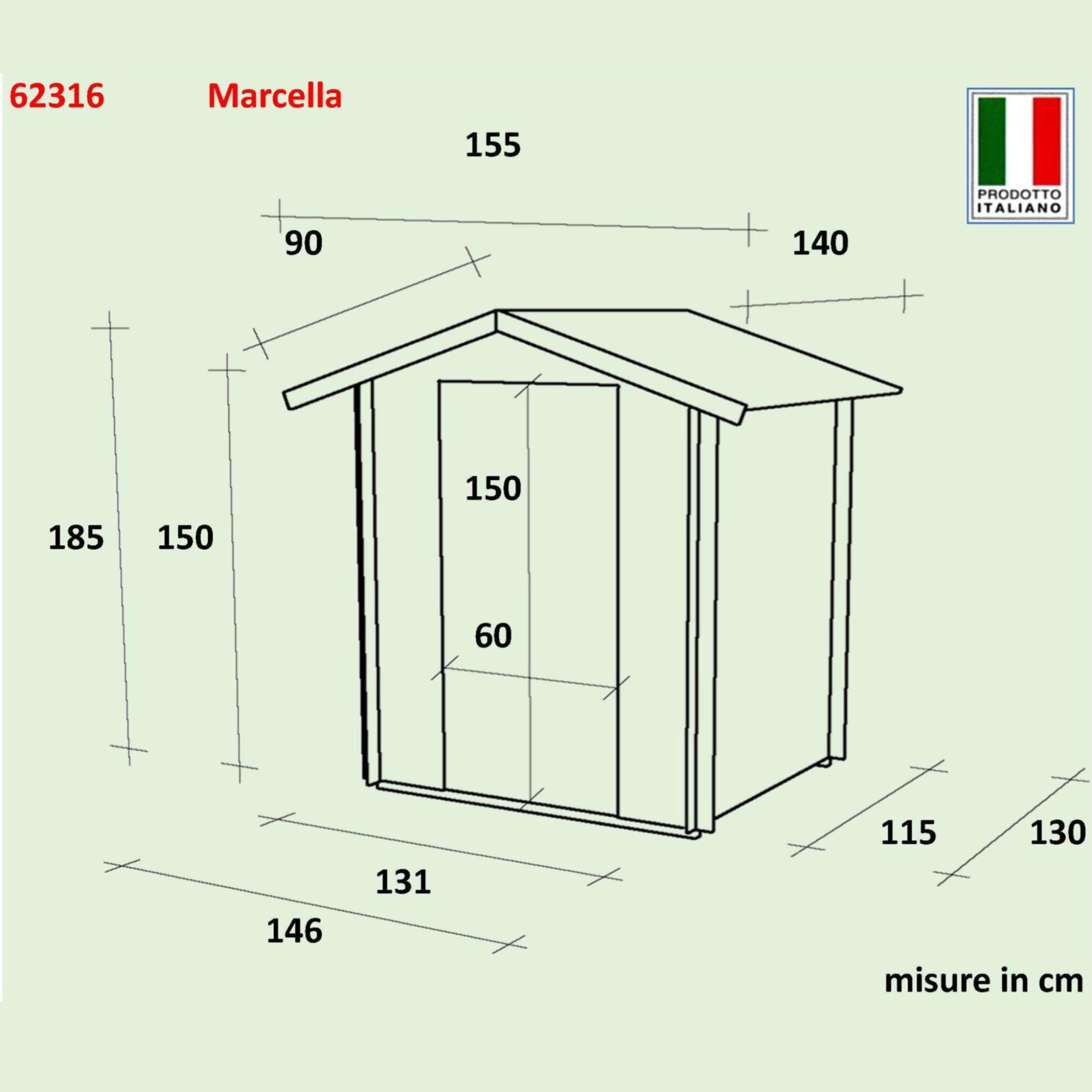 "Marcella" wooden garden shed with single blind hinged door, 146x130 cm, 185 cm high
