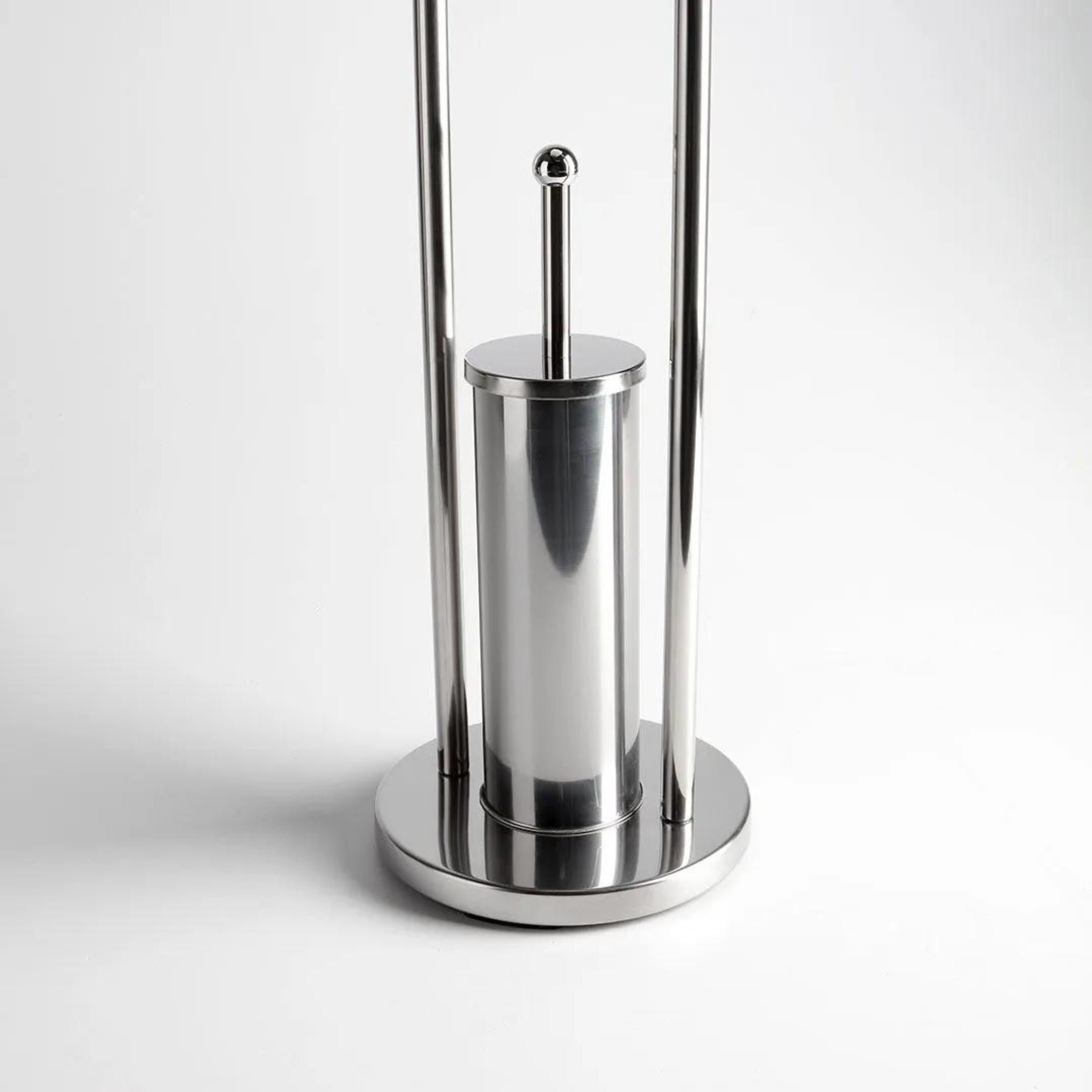 "Amélie" chrome-plated metal toilet roll holder and toilet brush holder with round base