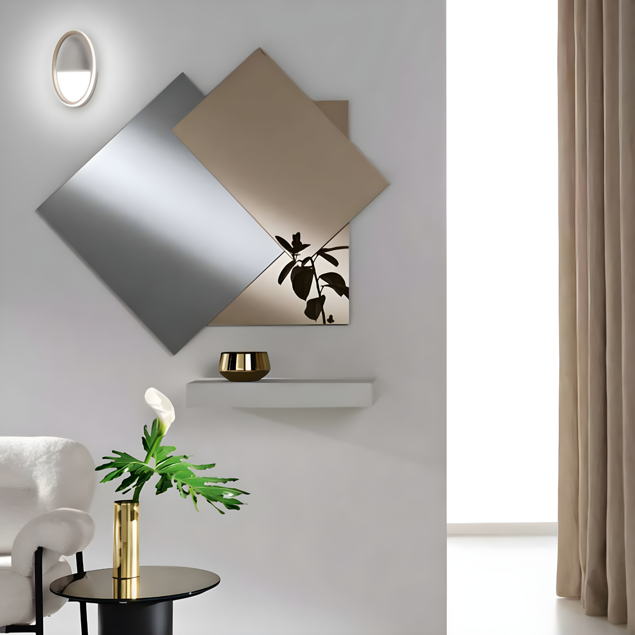 "Refle" mirror made up of three overlapping plates, two bronze-coloured and one smoke-coloured