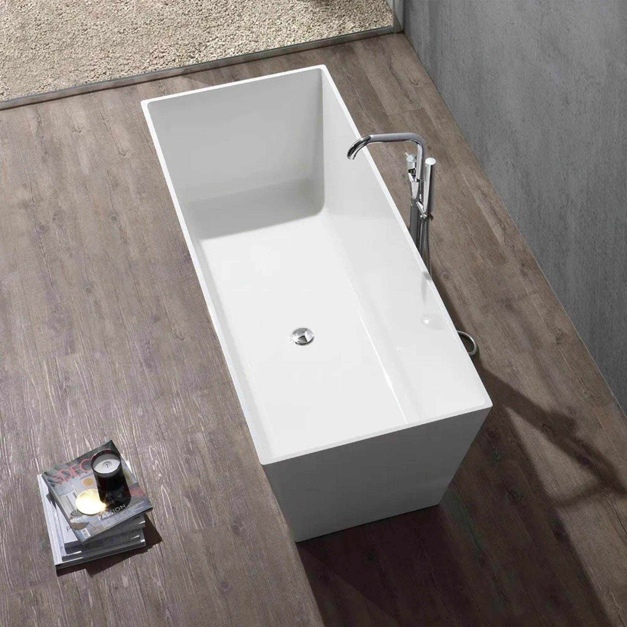 "Yoyo" freestanding square bathtub in white recomposed marble, 159x65 cm, 55h