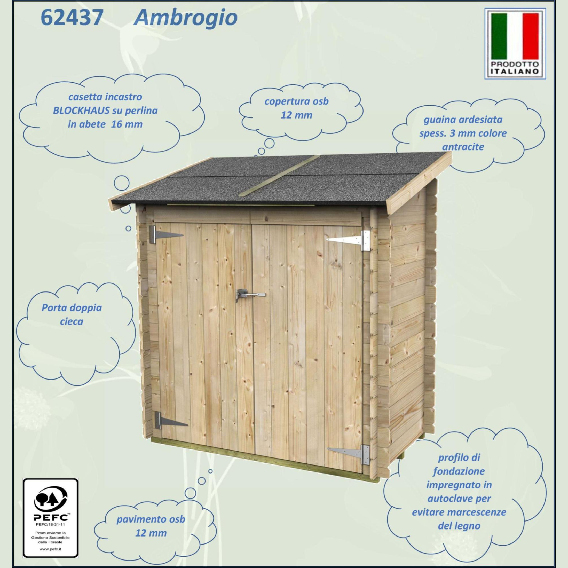 "Ambrogio Addossata" wooden garden shed, 155x85 cm, 165 cm high, double blind door