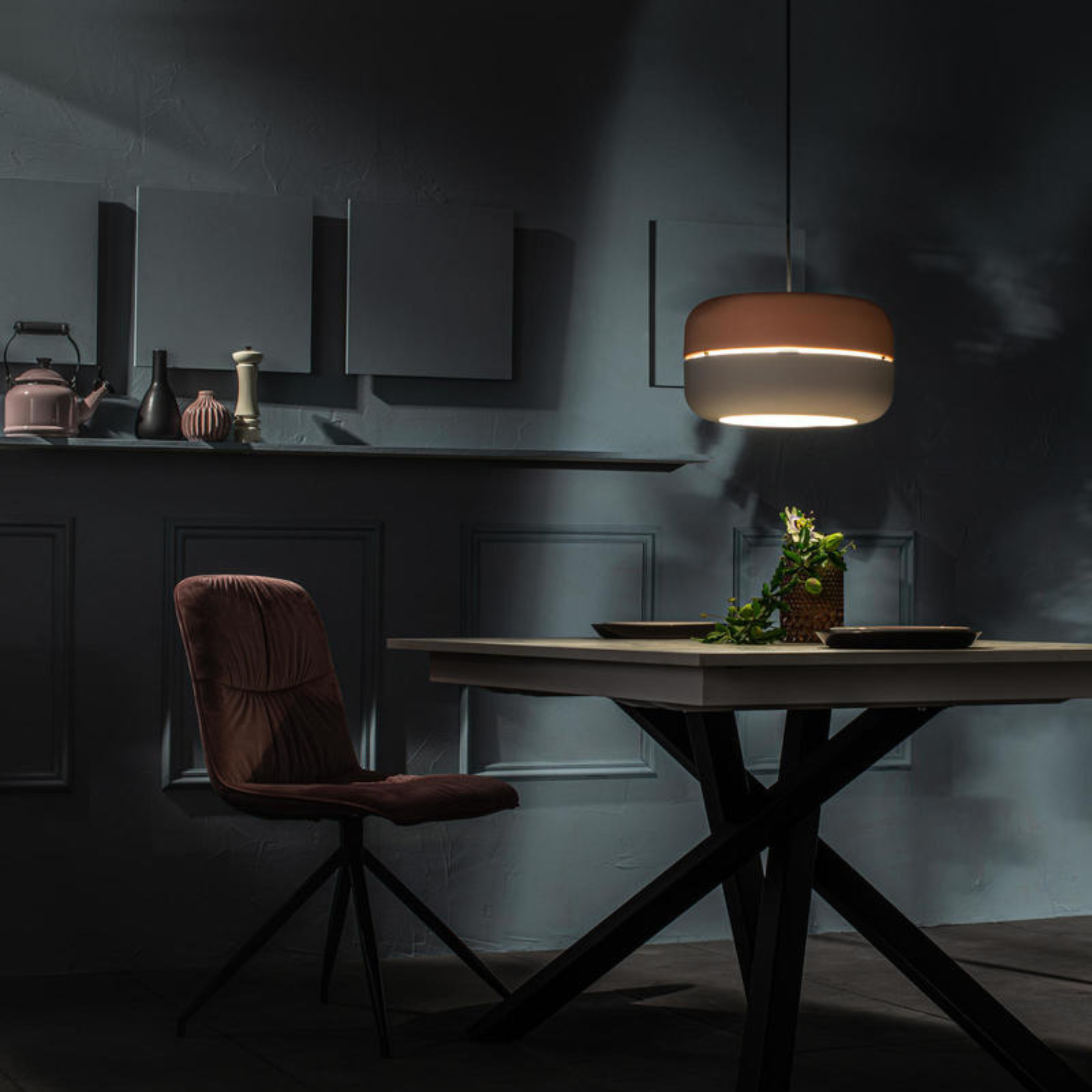 Metal lamp with "Spica" lampshade, floor, table and hanging