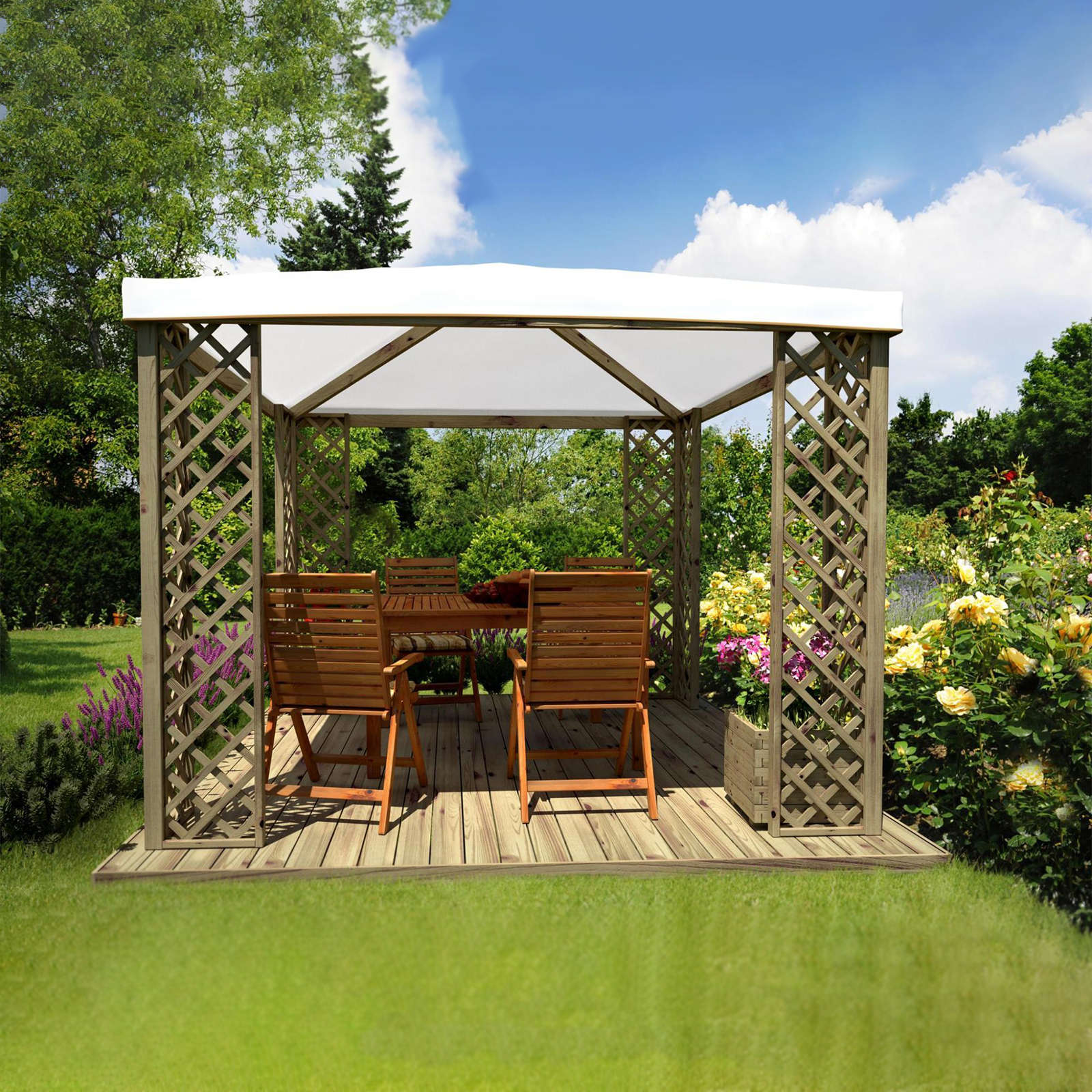 "Lolita" outdoor gazebo in fir wood with white PVC cover, 3x3 m, 2.7 m high.