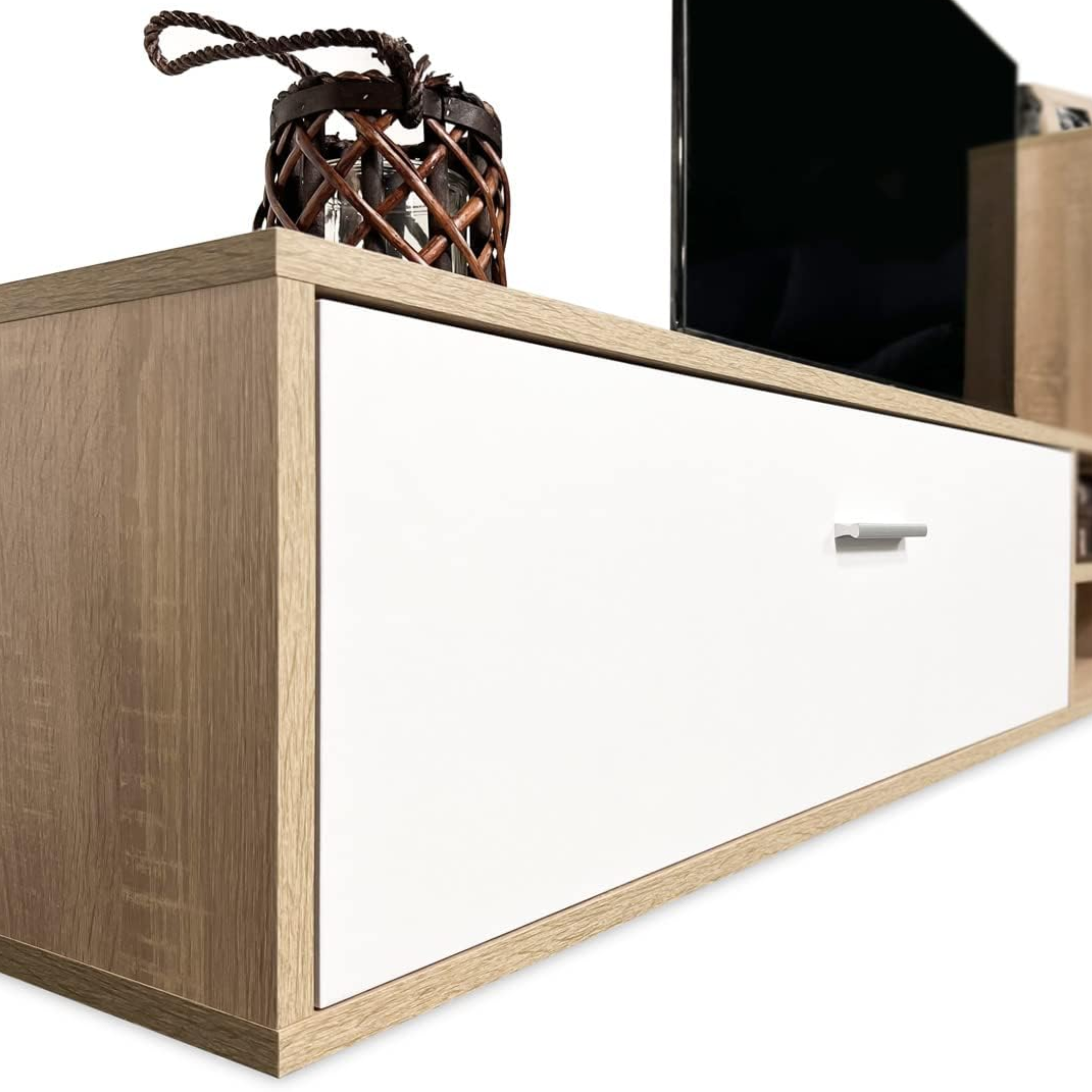 "Sade" living room wall unit in oak and white wood, 170x36 cm, 190 cm high