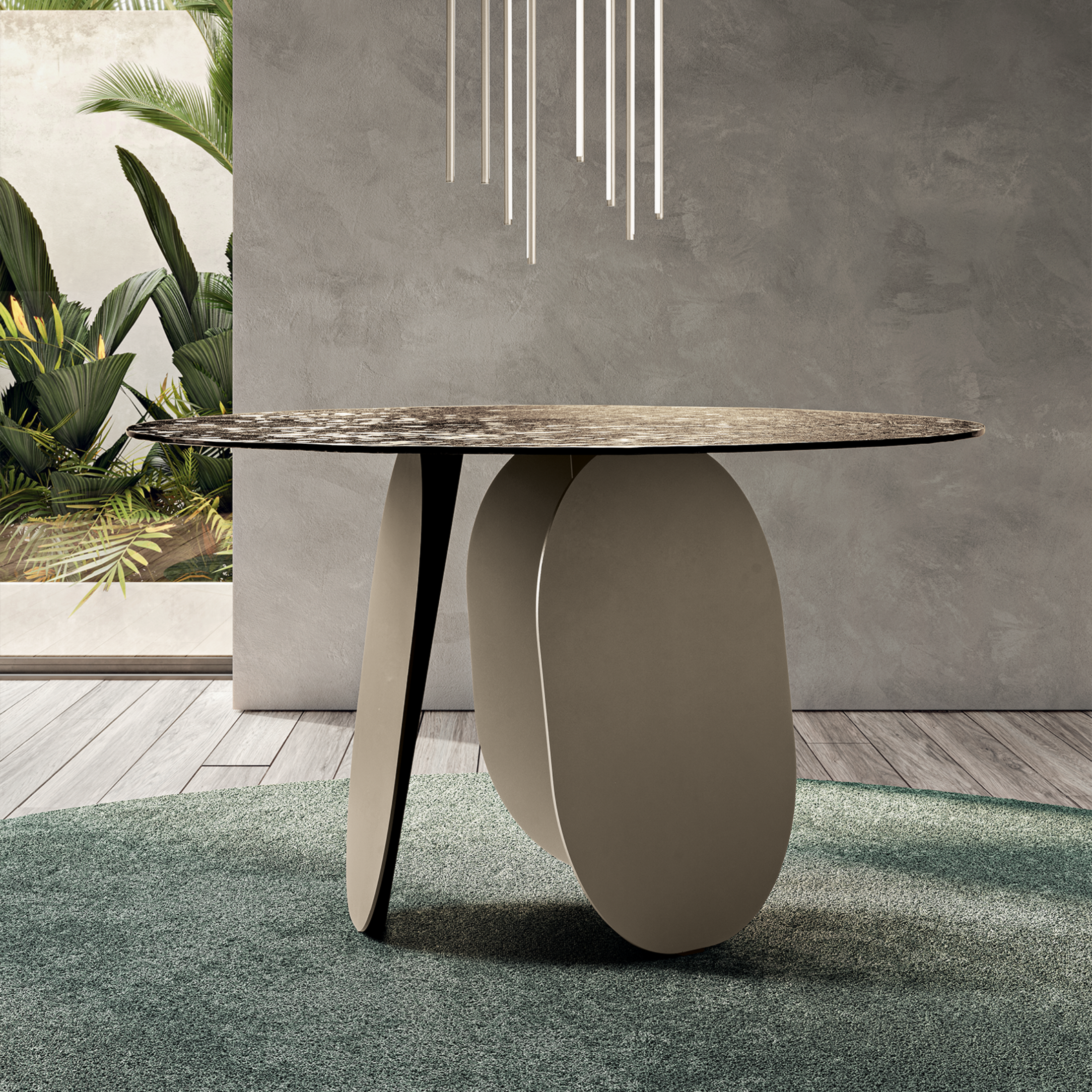 "Monroe" modern fixed round dining table with hammered glass top