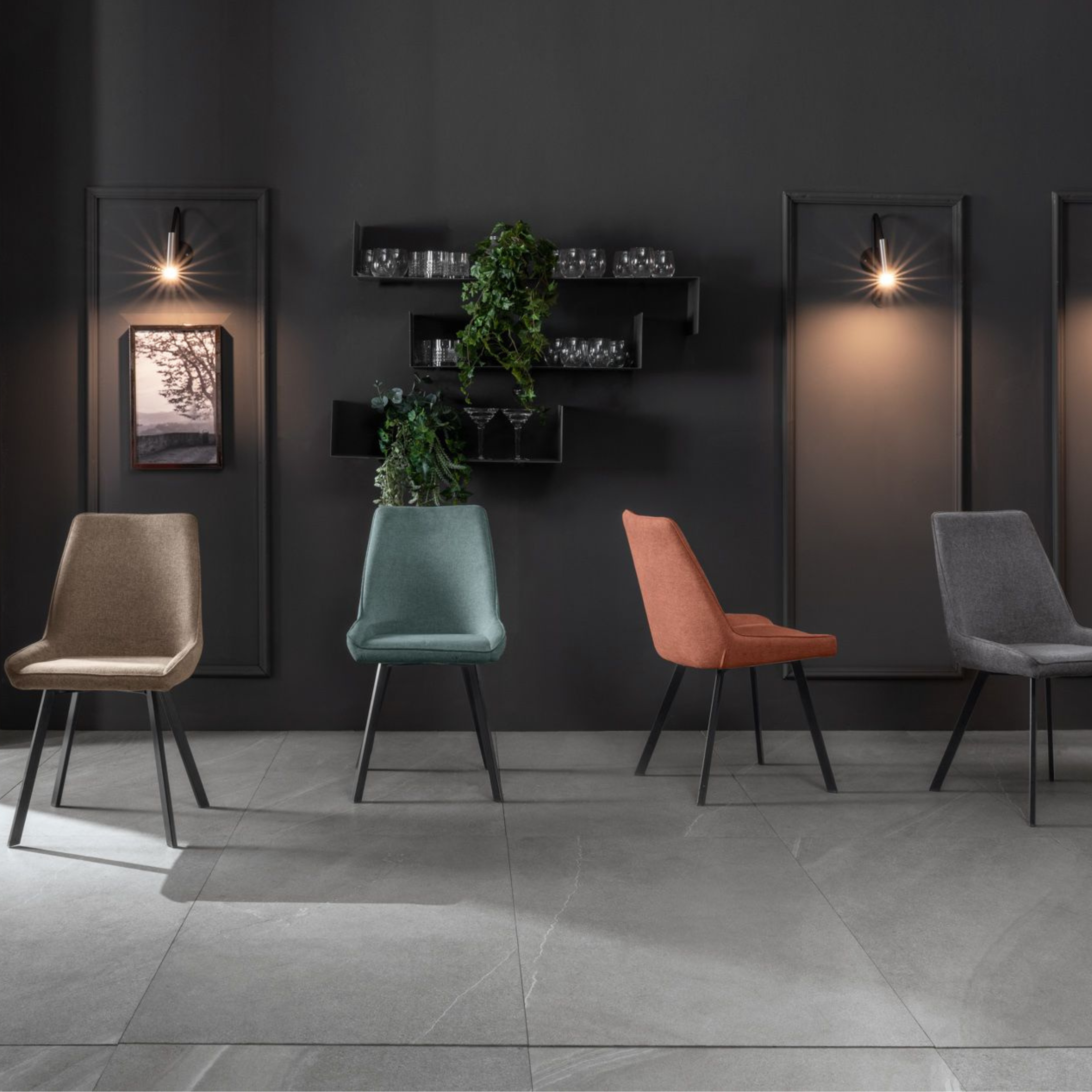 Set of modern "Woody" fabric living room chairs with metal legs, 46x57 cm, 80 cm high