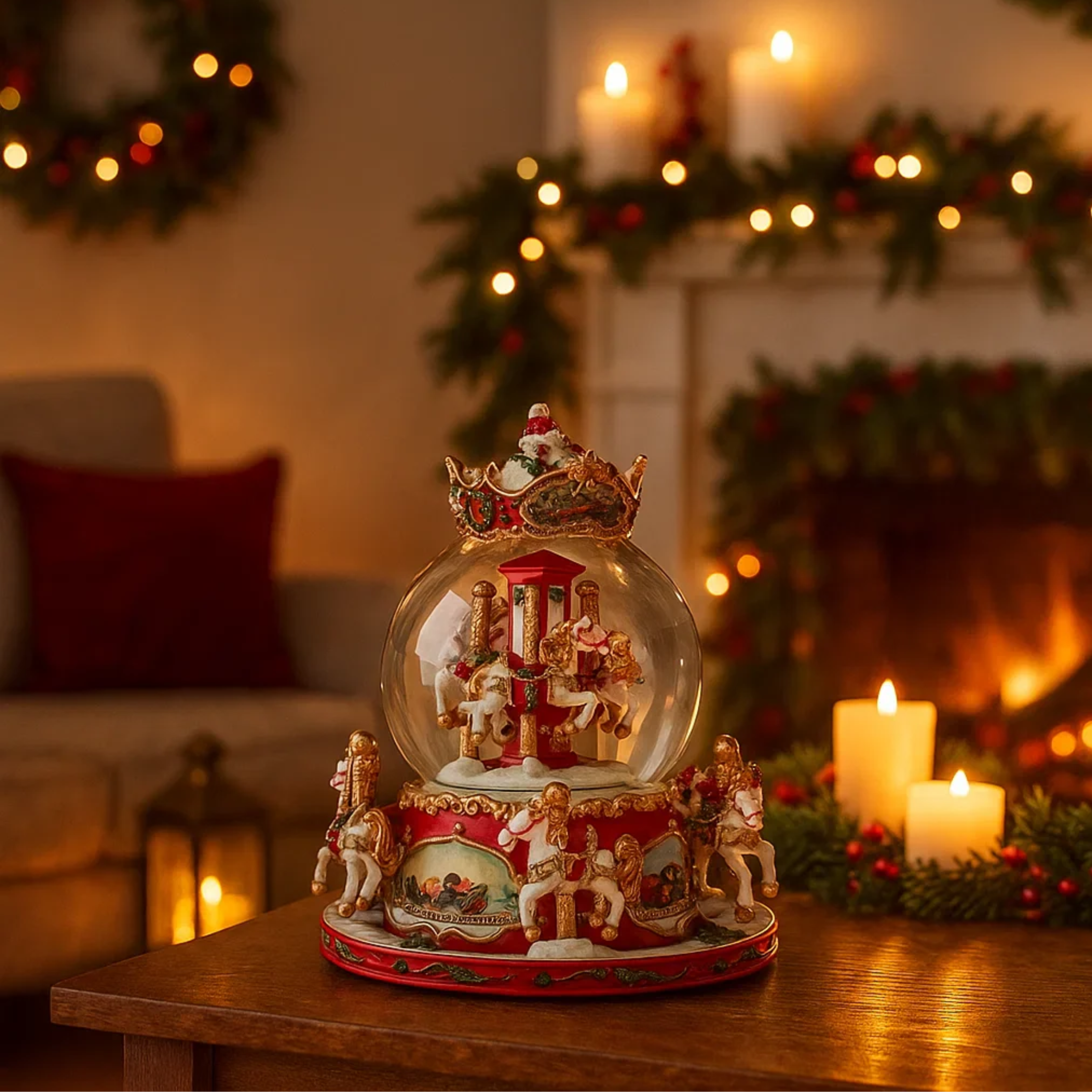 Christmas ampoule with carousel, Christmas snow globe 19 cm high