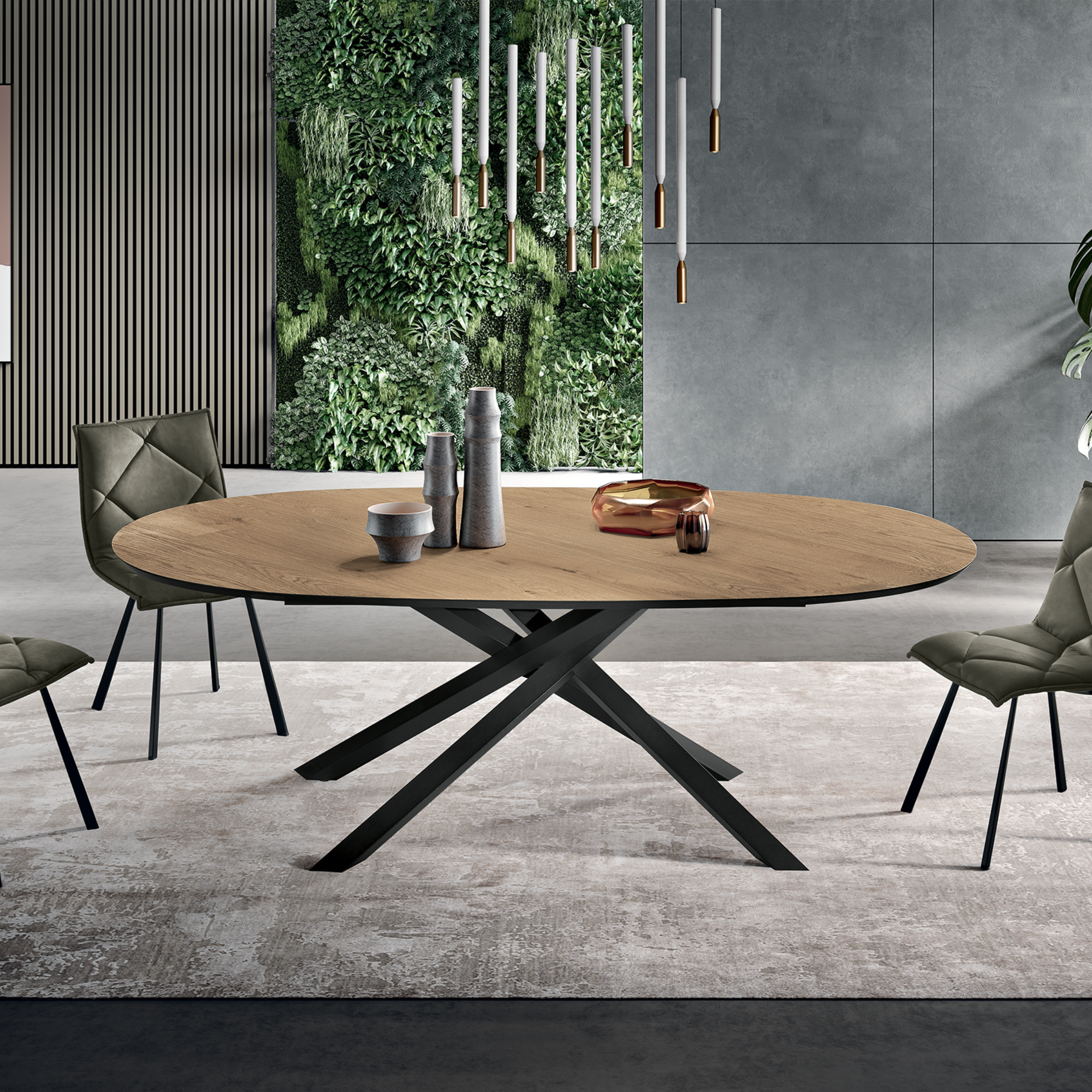 "Canyon" modern fixed dining table with metal base and oak top, 210x109 cm, 75 cm high