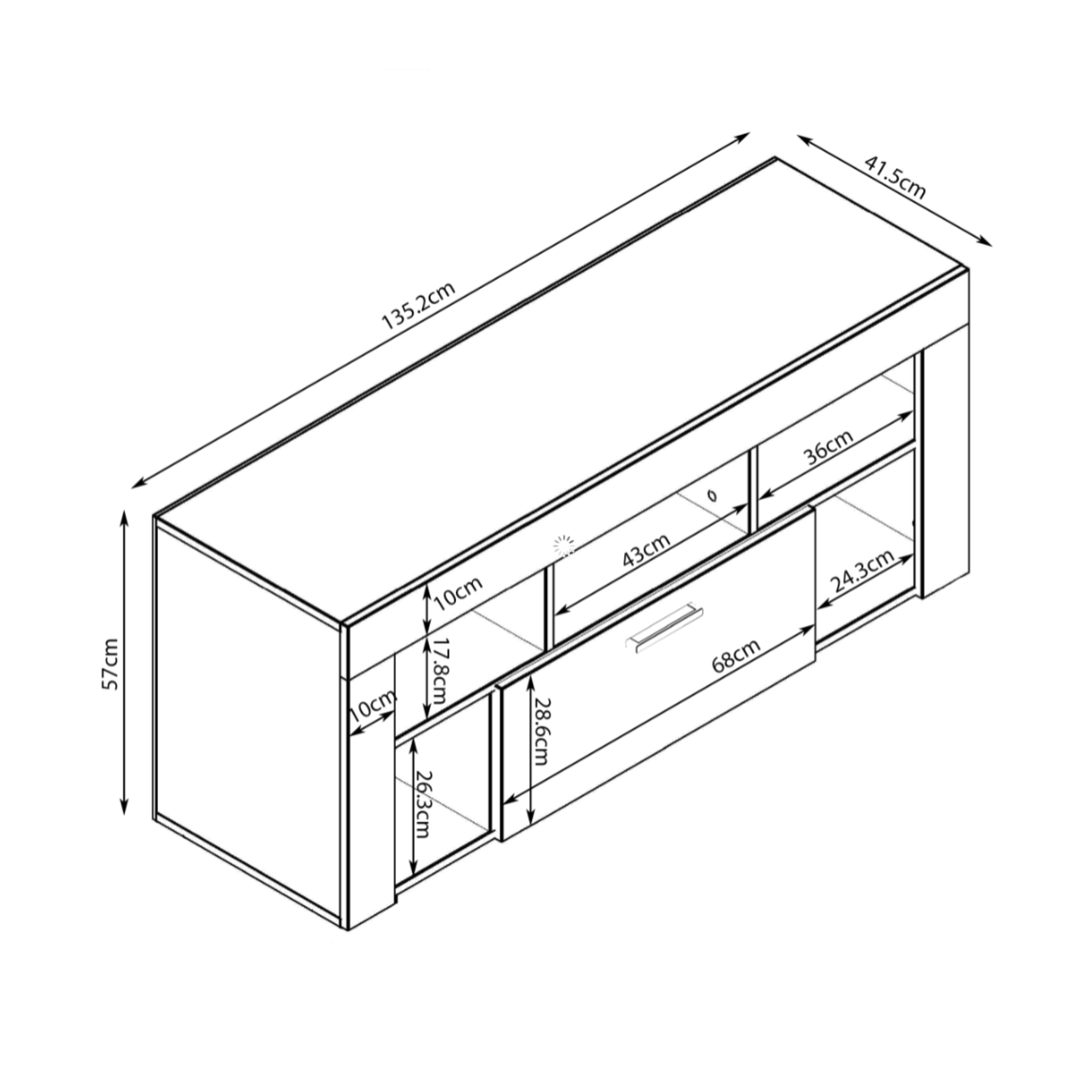 "TV Vision" TV stand in white grained wood, 135x41.5 cm, 60h