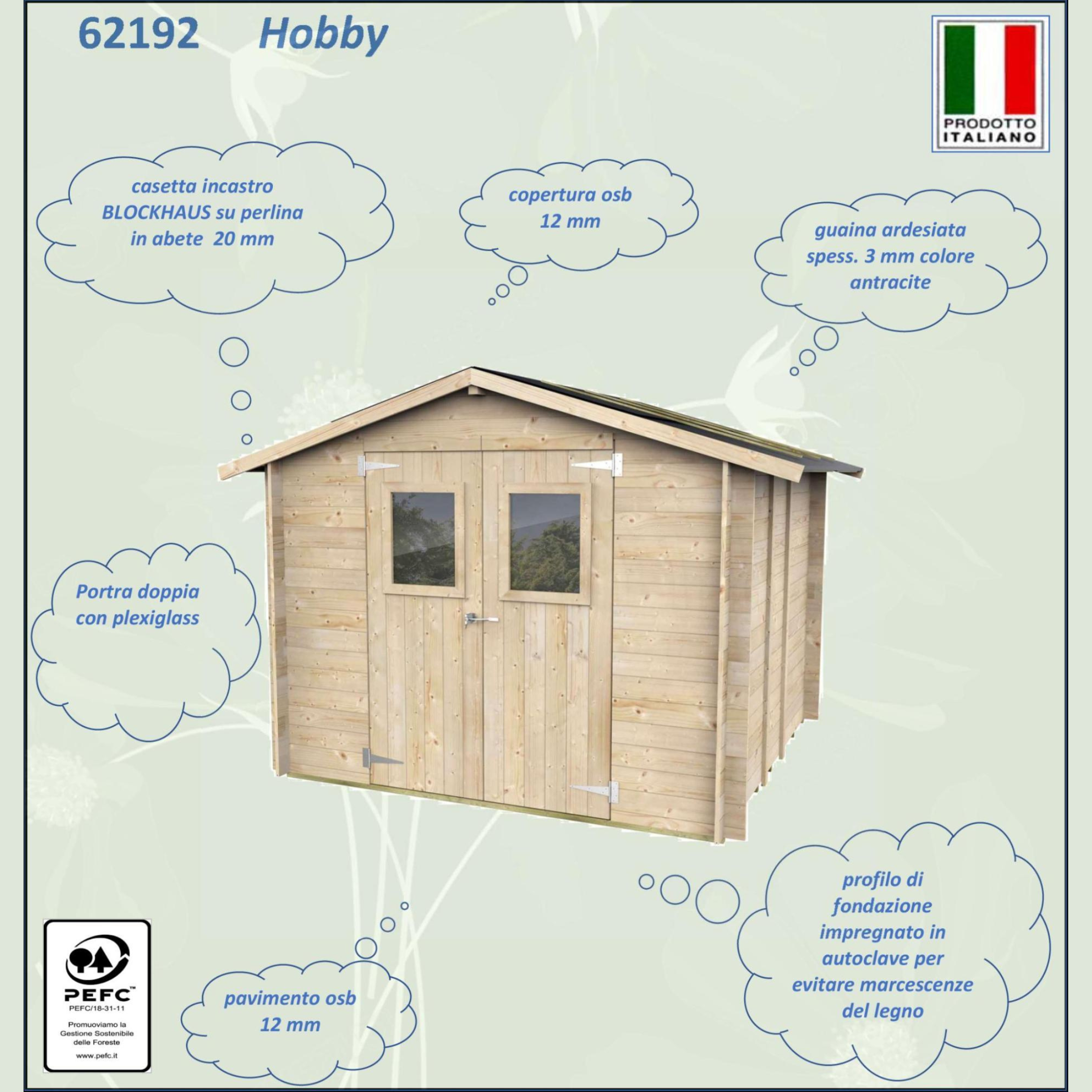 "Hobby" wooden garden house, 248x248 cm, 217 cm high, double door with windows
