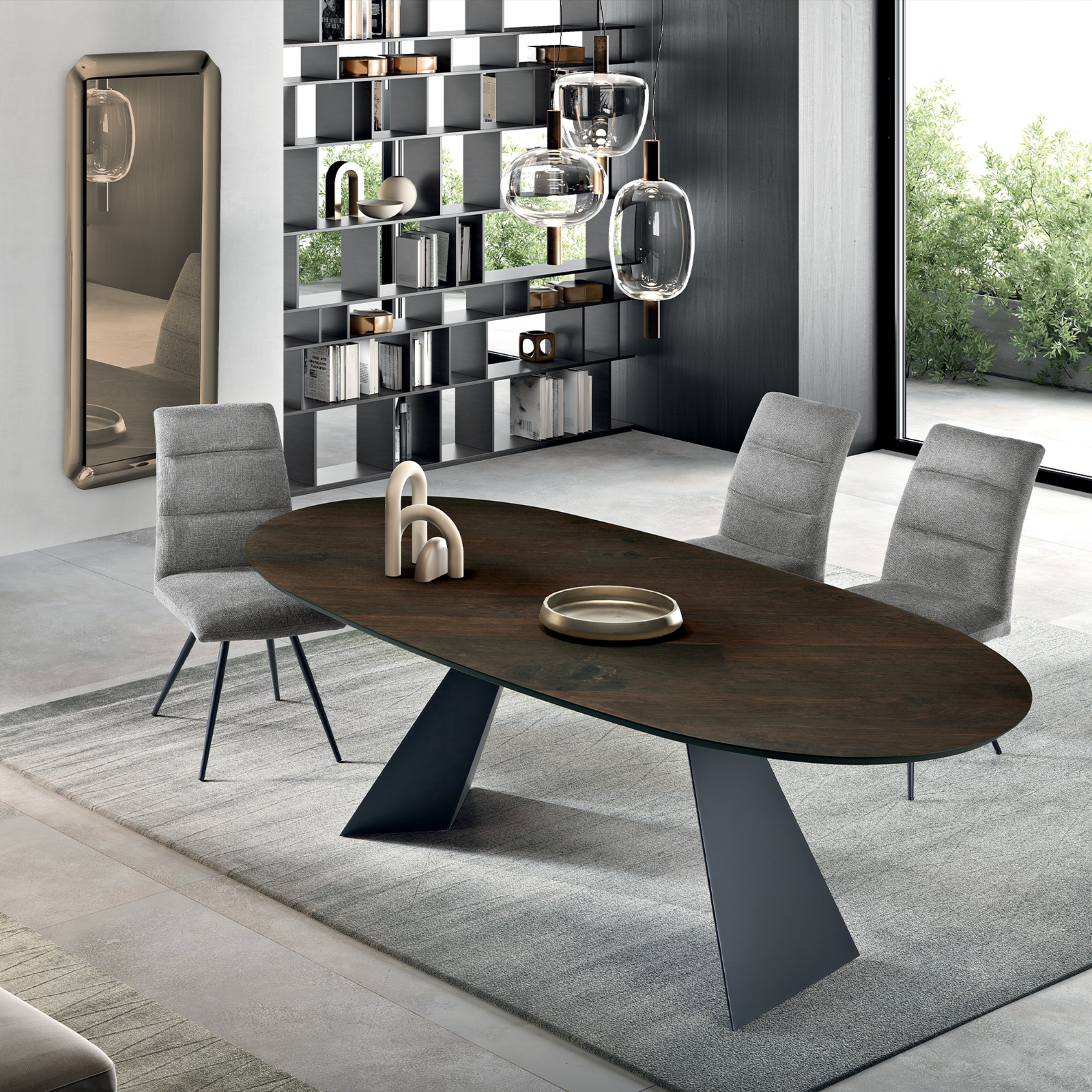 "Nargy" modern fixed dining table with metal base and oak top, 210x109 cm, 75 cm high