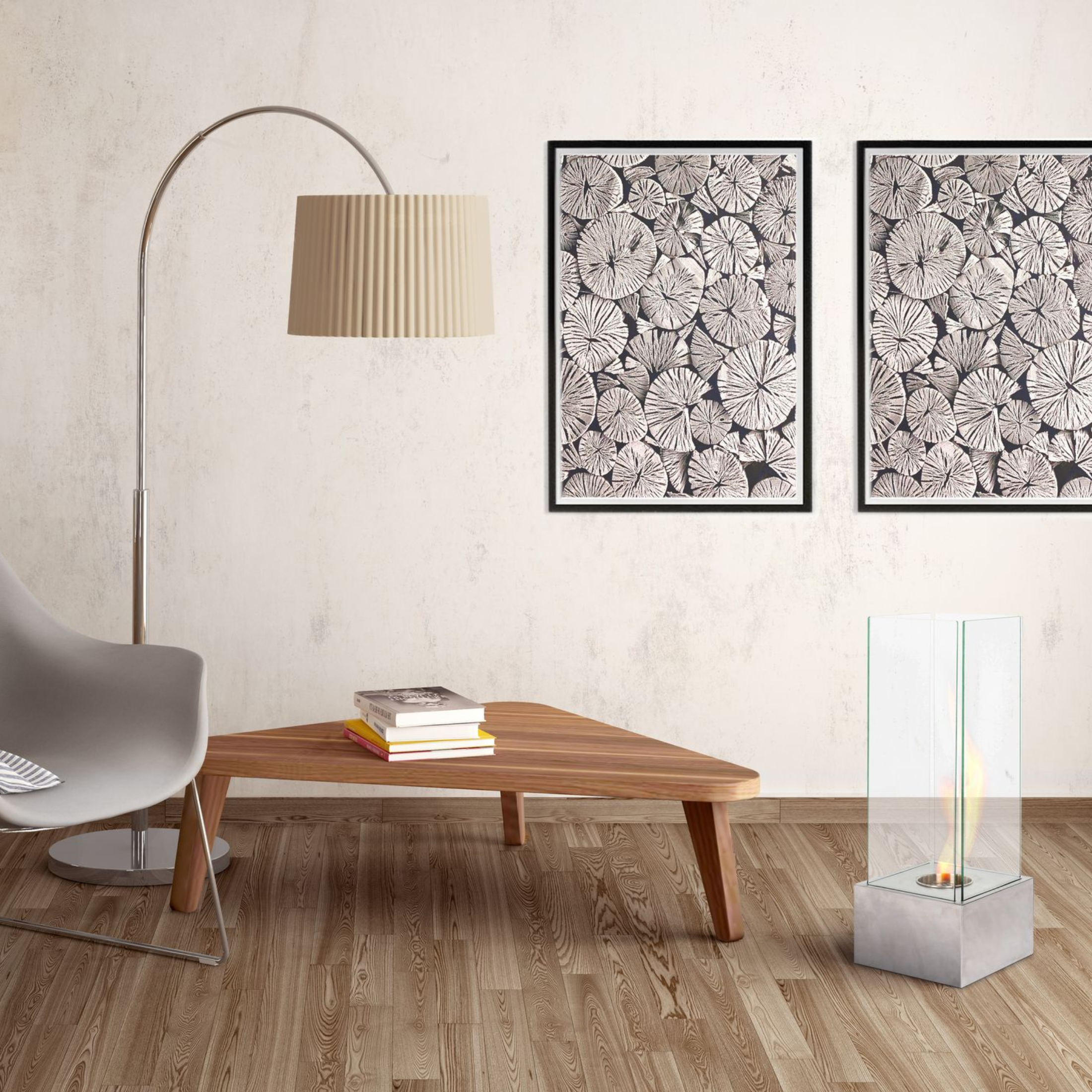 "Lisa" floor-standing bioethanol fireplace in tempered glass, 25x25 cm, 65 cm high.