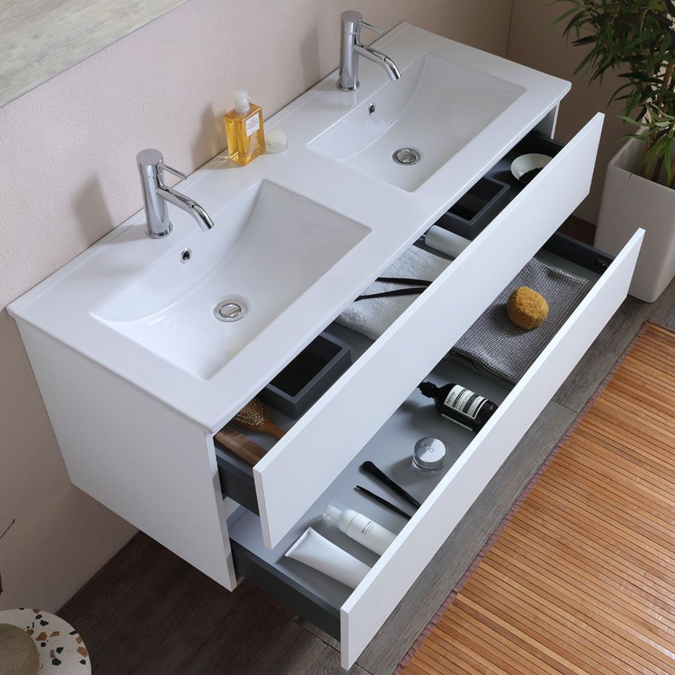 "Belize120" bathroom cabinet with double sink and two drawers in a white wood finish