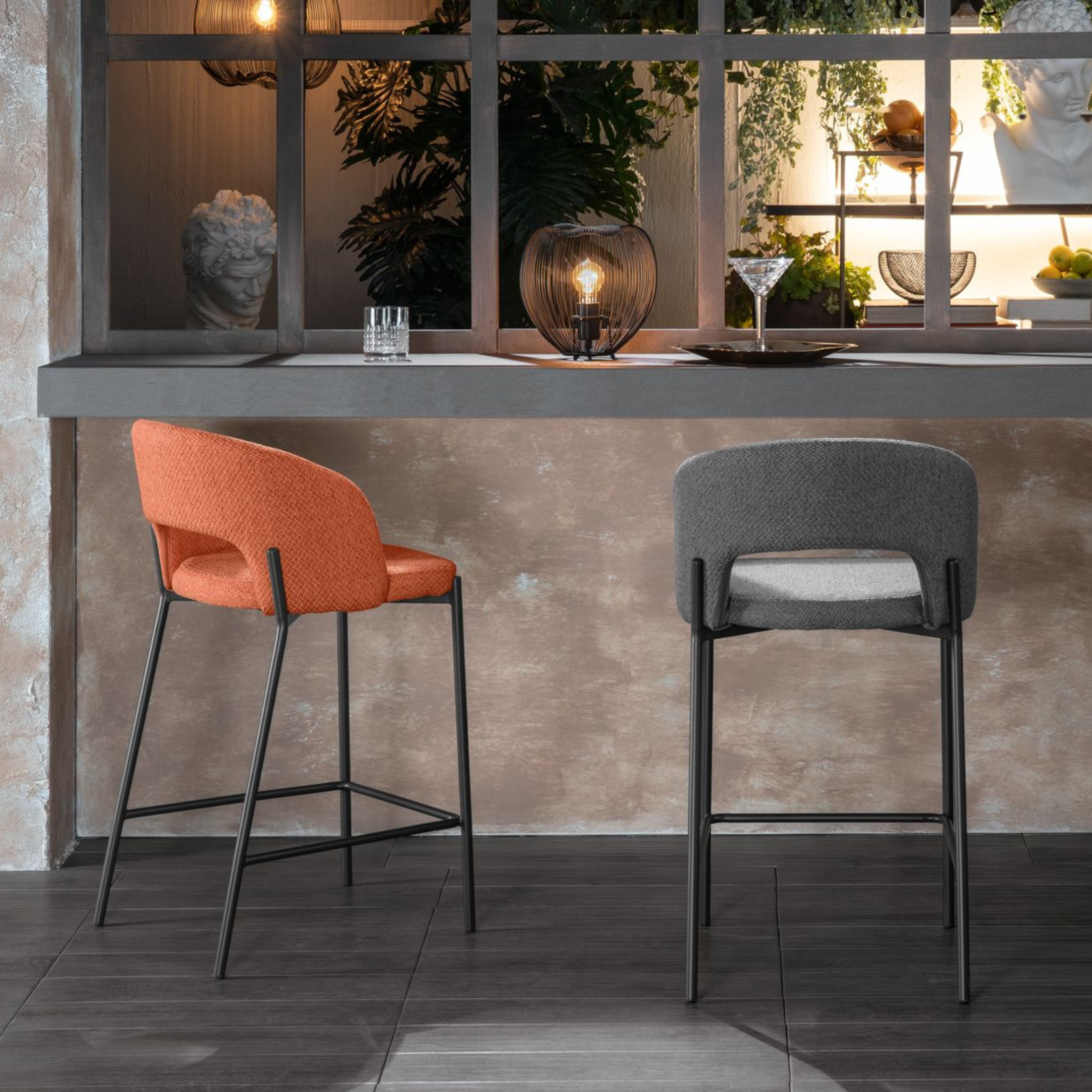 Set of "Alan" high stools in padded fabric with footrest cm 52x50 98h