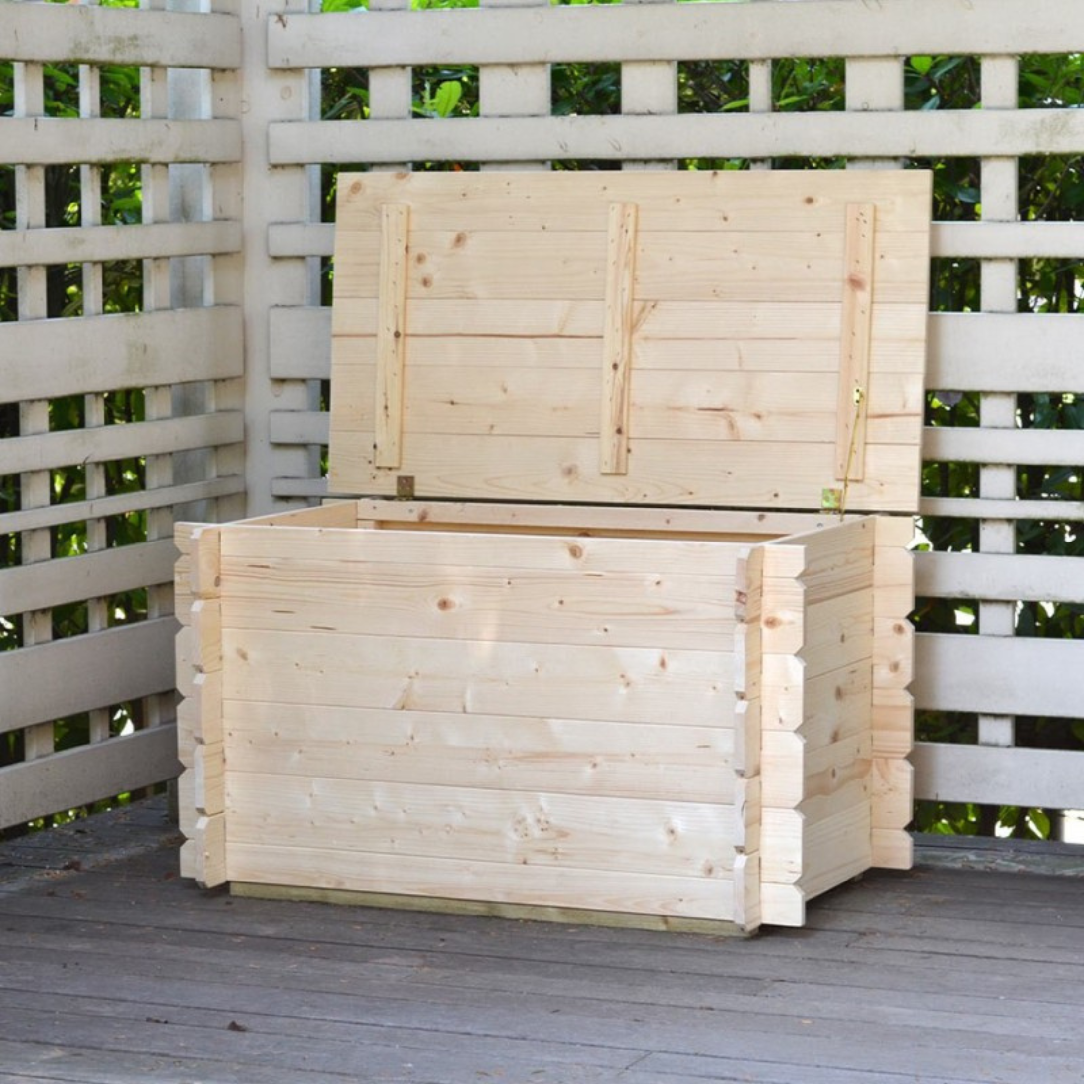 "Giove" natural wood garden chest with swing opening, 130x60 cm, 54 cm high