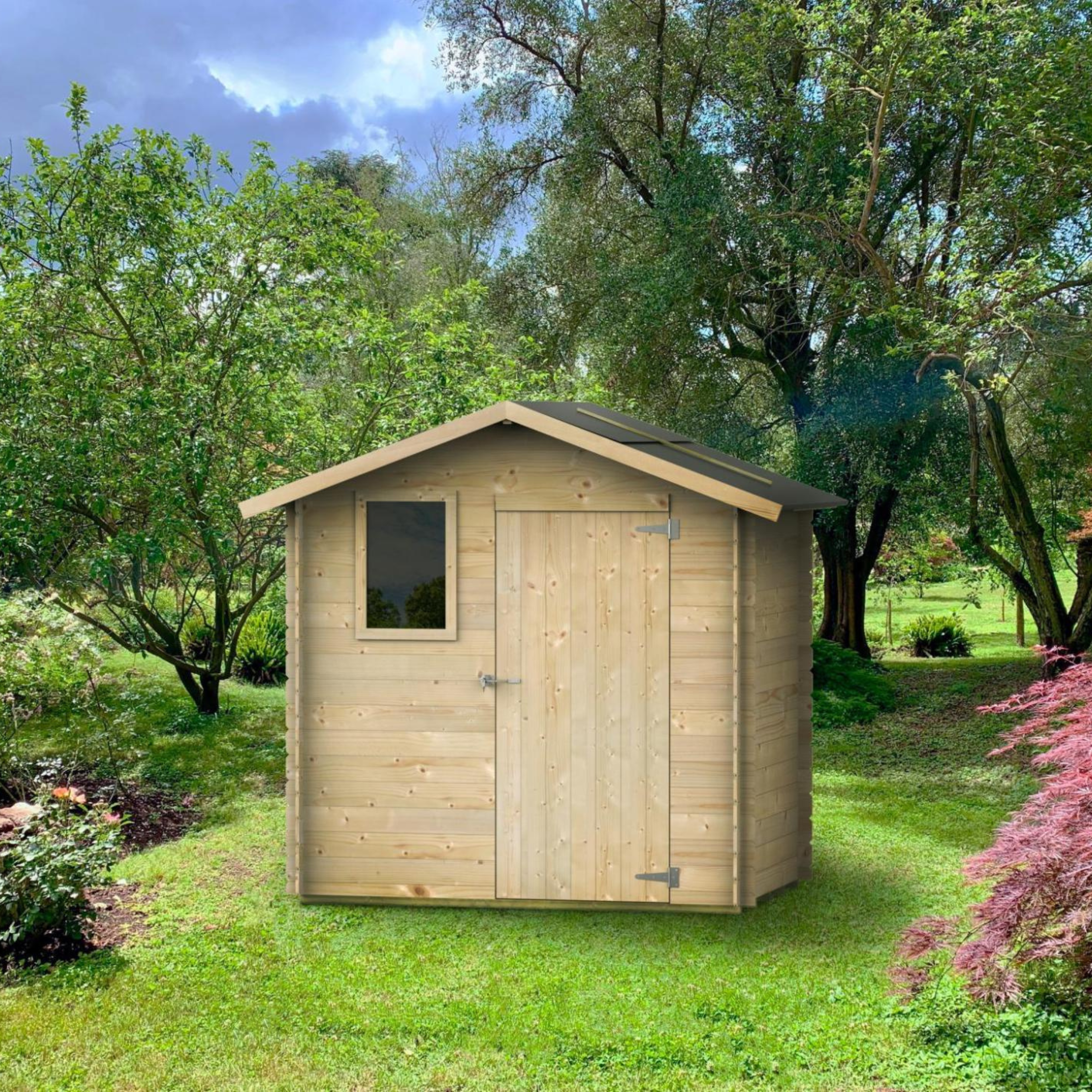 "Kreta" wooden garden house with single blind door and window, 198x130 cm, 205 cm high