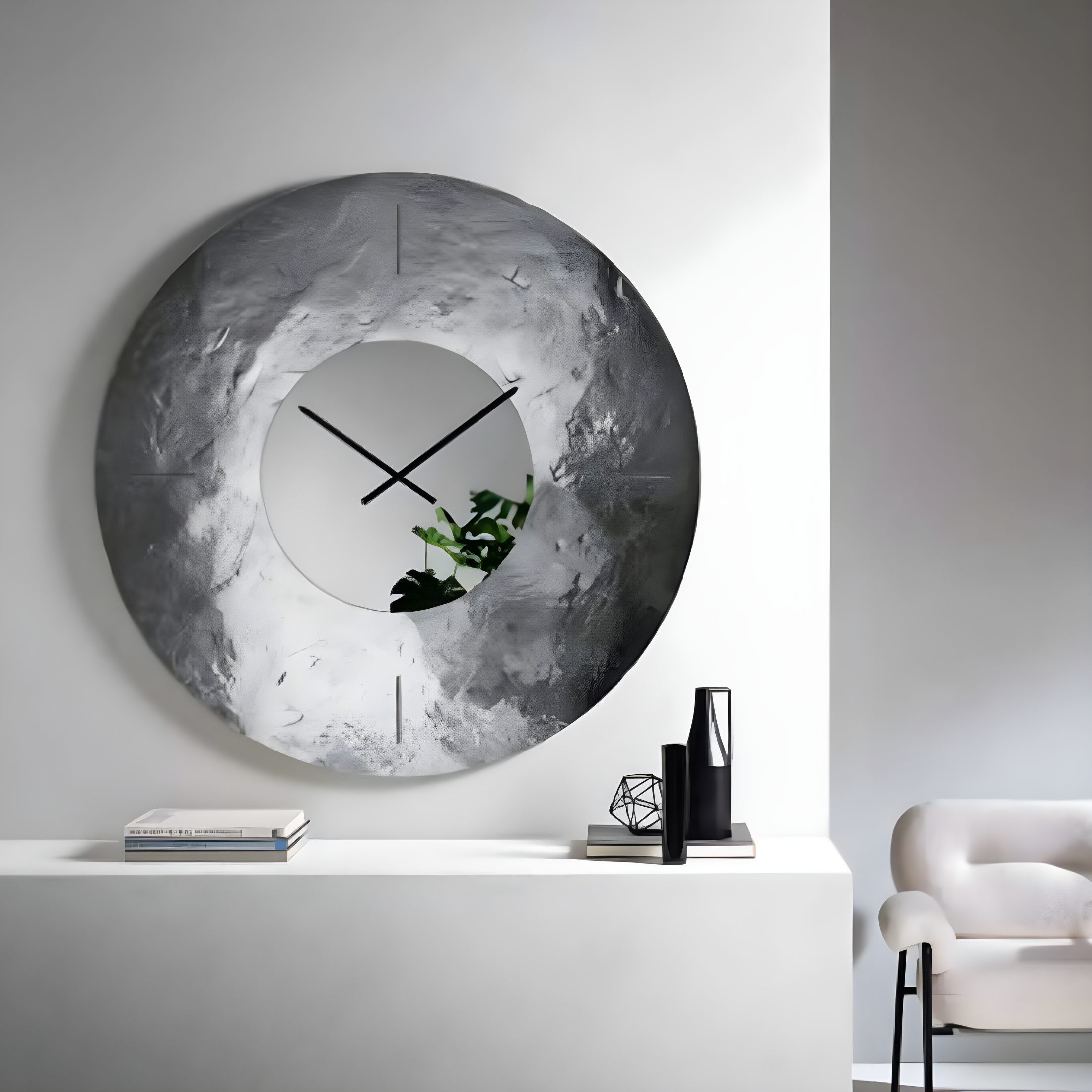 "Kronis" wall clock in hammered fused glass, back-silvered with mirrored insert and machine-engraved numbers