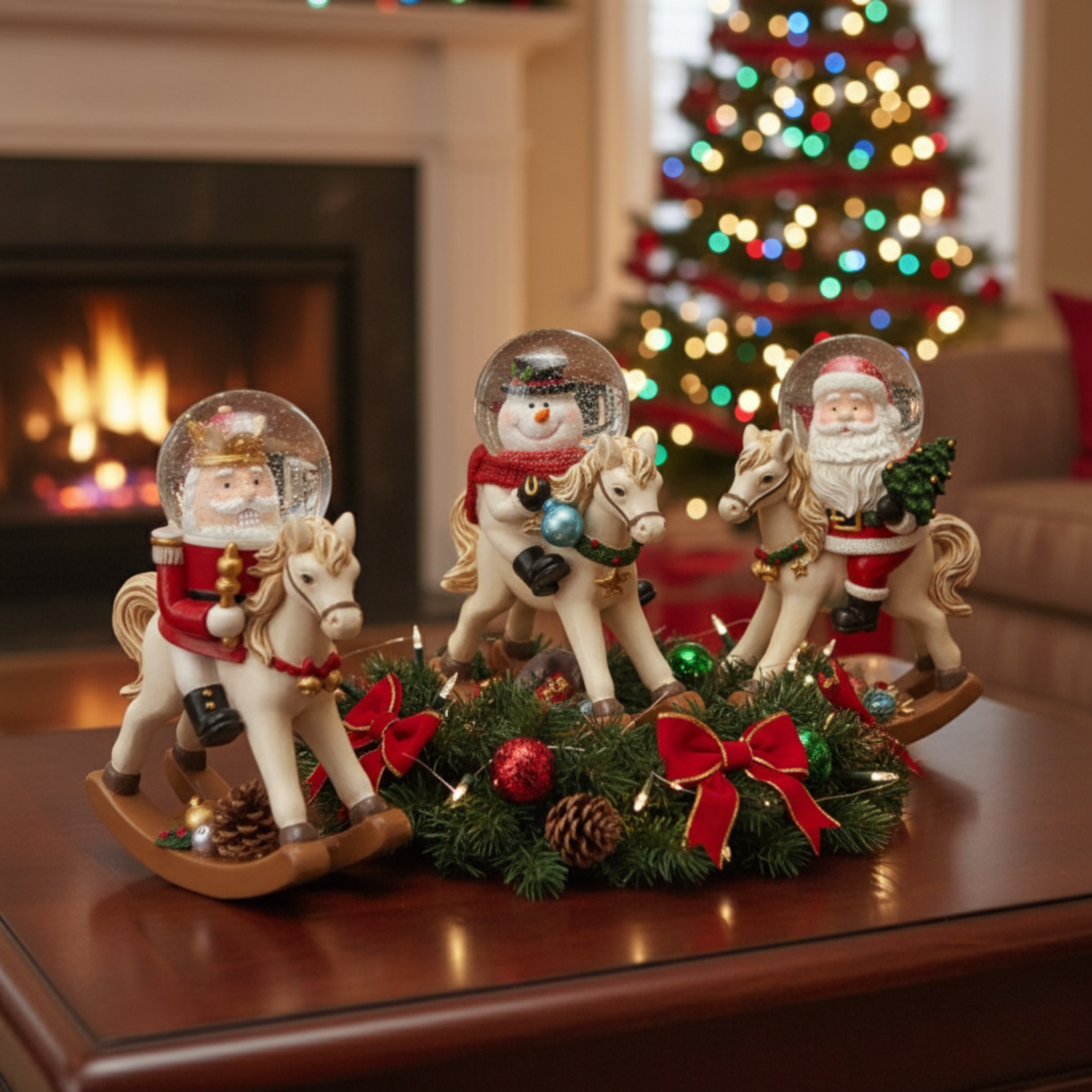 Resin rocking horse with glass water sphere and internal Christmas scene with shiny snow effect, 13.5 cm high.