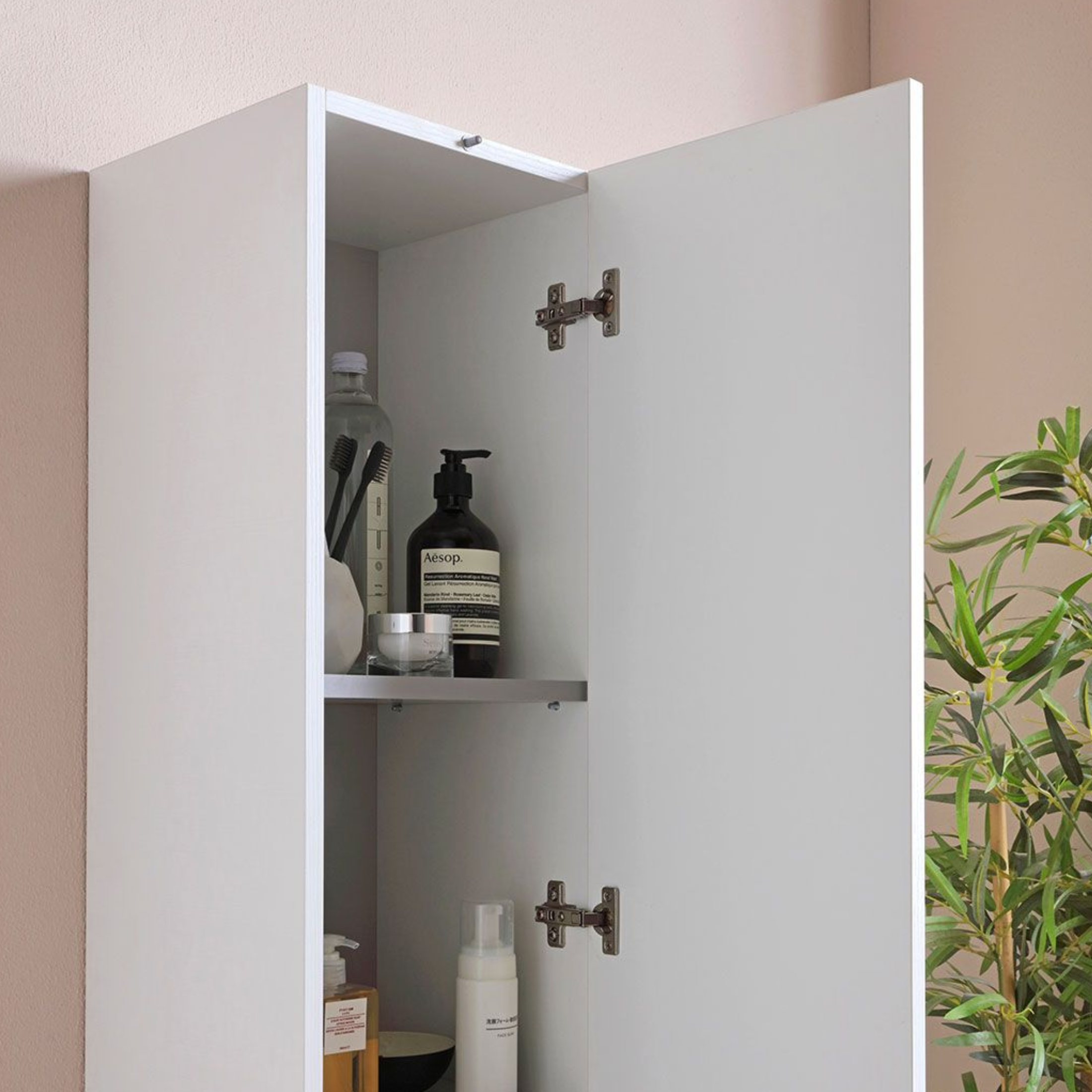 Tall suspended white wood-effect wall unit with two doors, 30x30 cm, 170 cm high