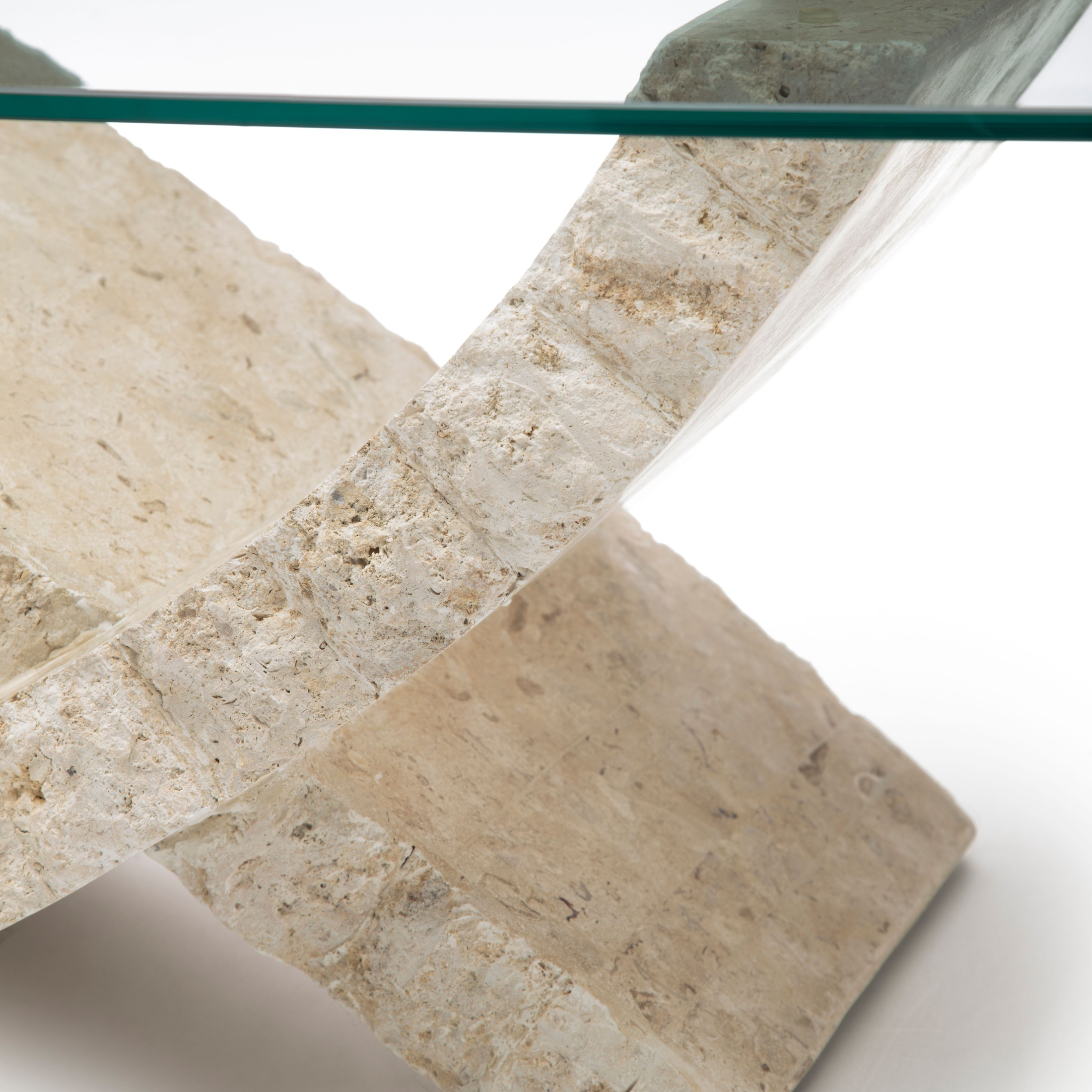 Low table in fossil stone "Flake" tempered glass top 120x70 cm 37h