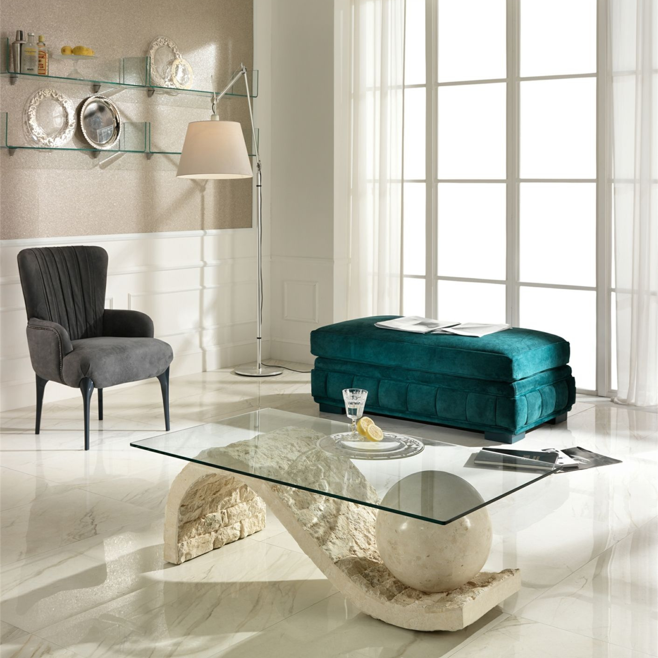 "Mary" fossil stone coffee table with tempered glass top, 120x70 cm, 37 cm high