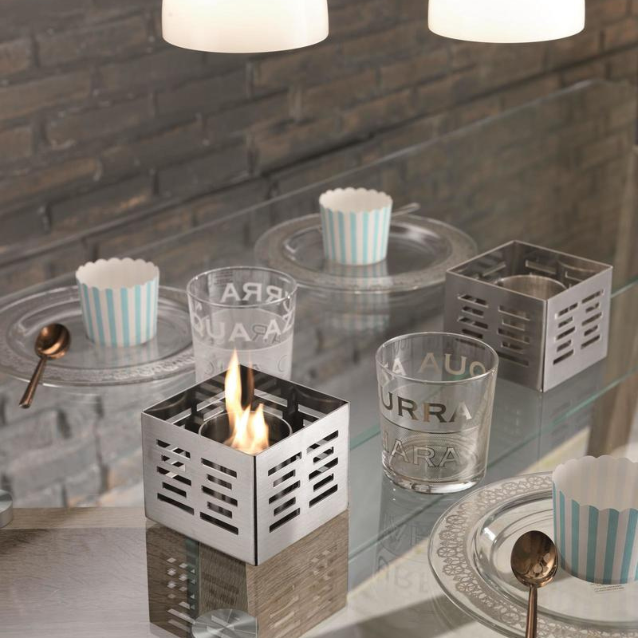 Set of 3 "Antea" bioethanol table fireplaces in satin-finished steel, 10x10 cm, 8h