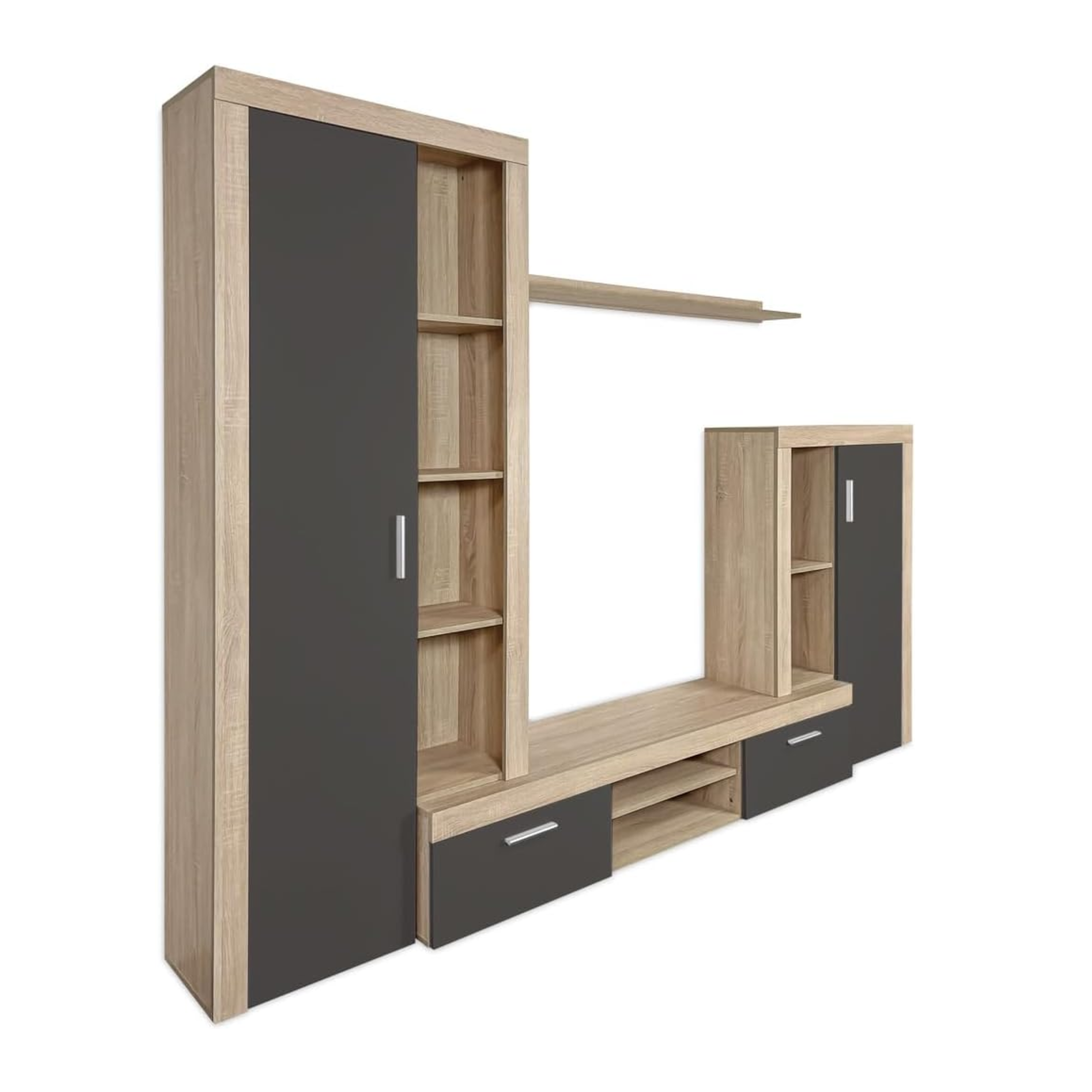 "Nobel" living room wall unit in natural wood and anthracite, 263x40 cm, 200 cm high