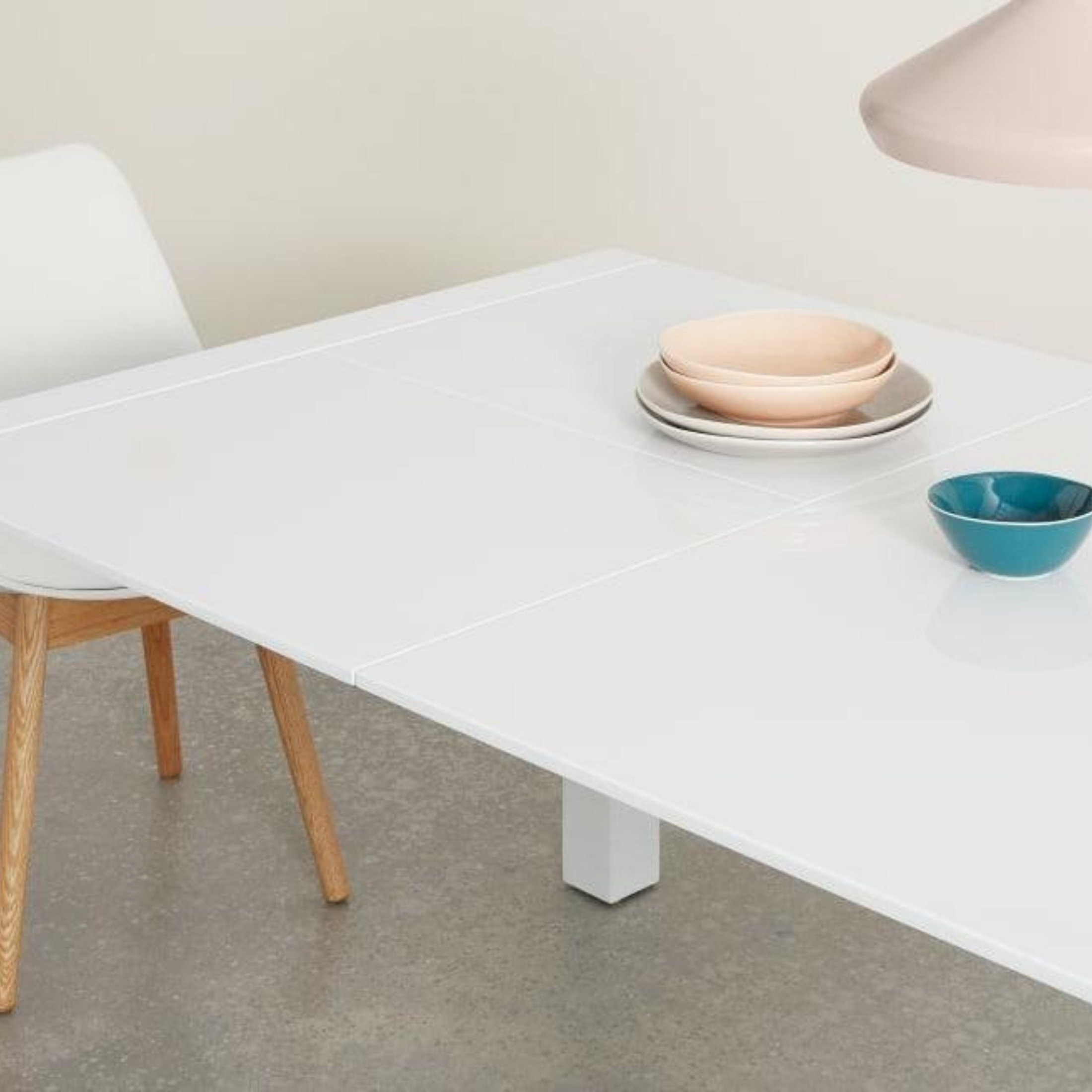 "Spike" modern extendable white wooden dining table, 103 cm/170 x 90 cm, 76 cm high