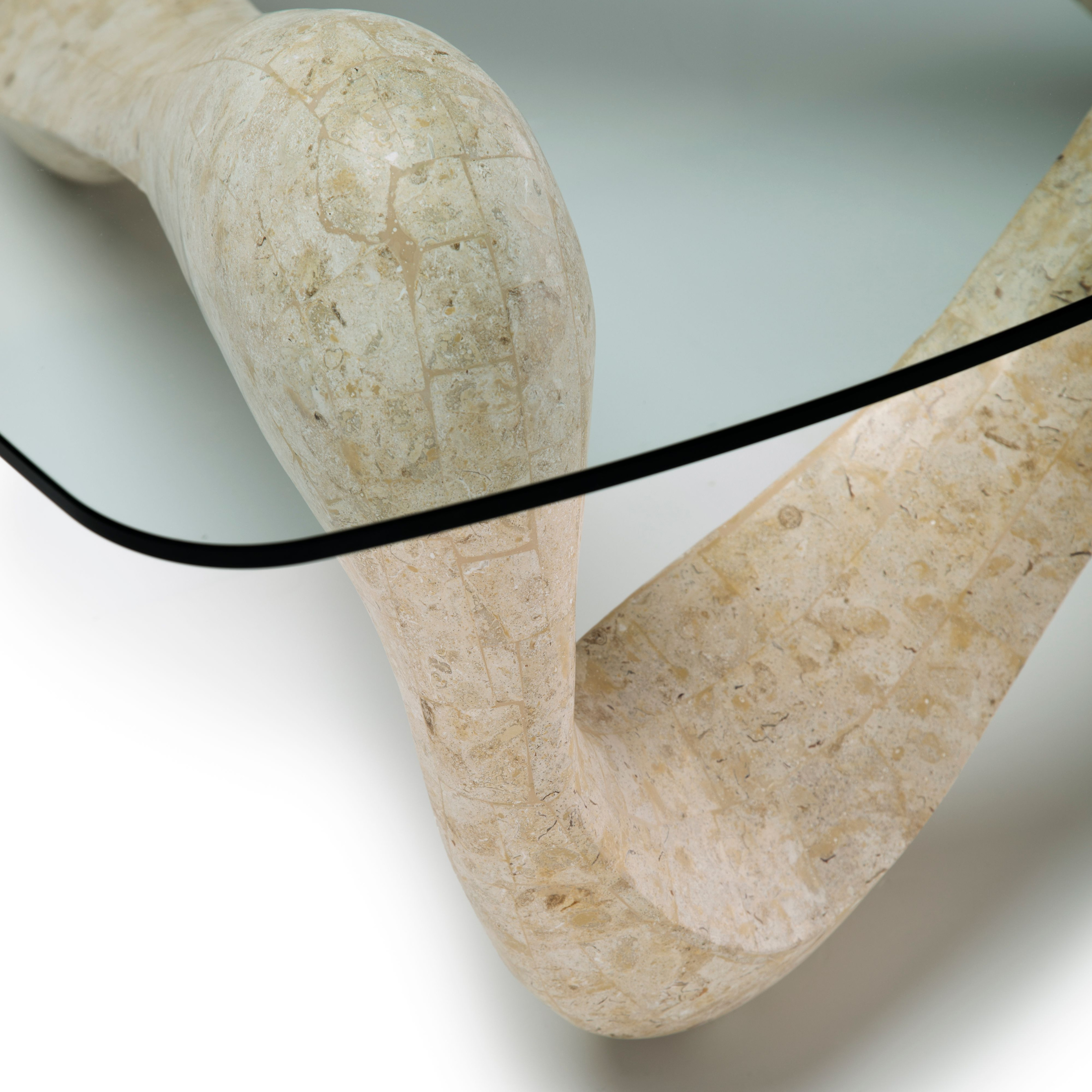 "Scarf" fossil stone coffee table with tempered glass top, 100x100 cm, 42.5 cm high.