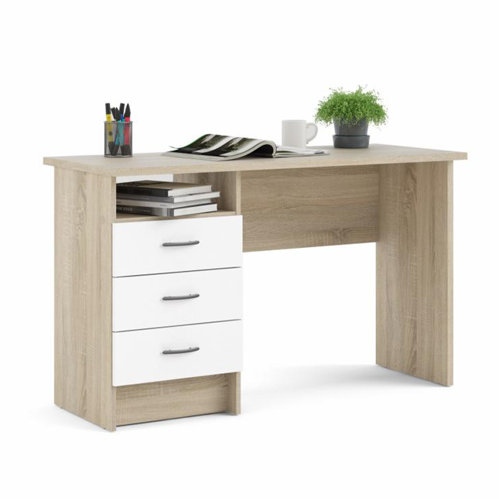 Desk with 3-drawer chest of drawers "Function Plus" in oak and white wood, 120x48 cm, 73h