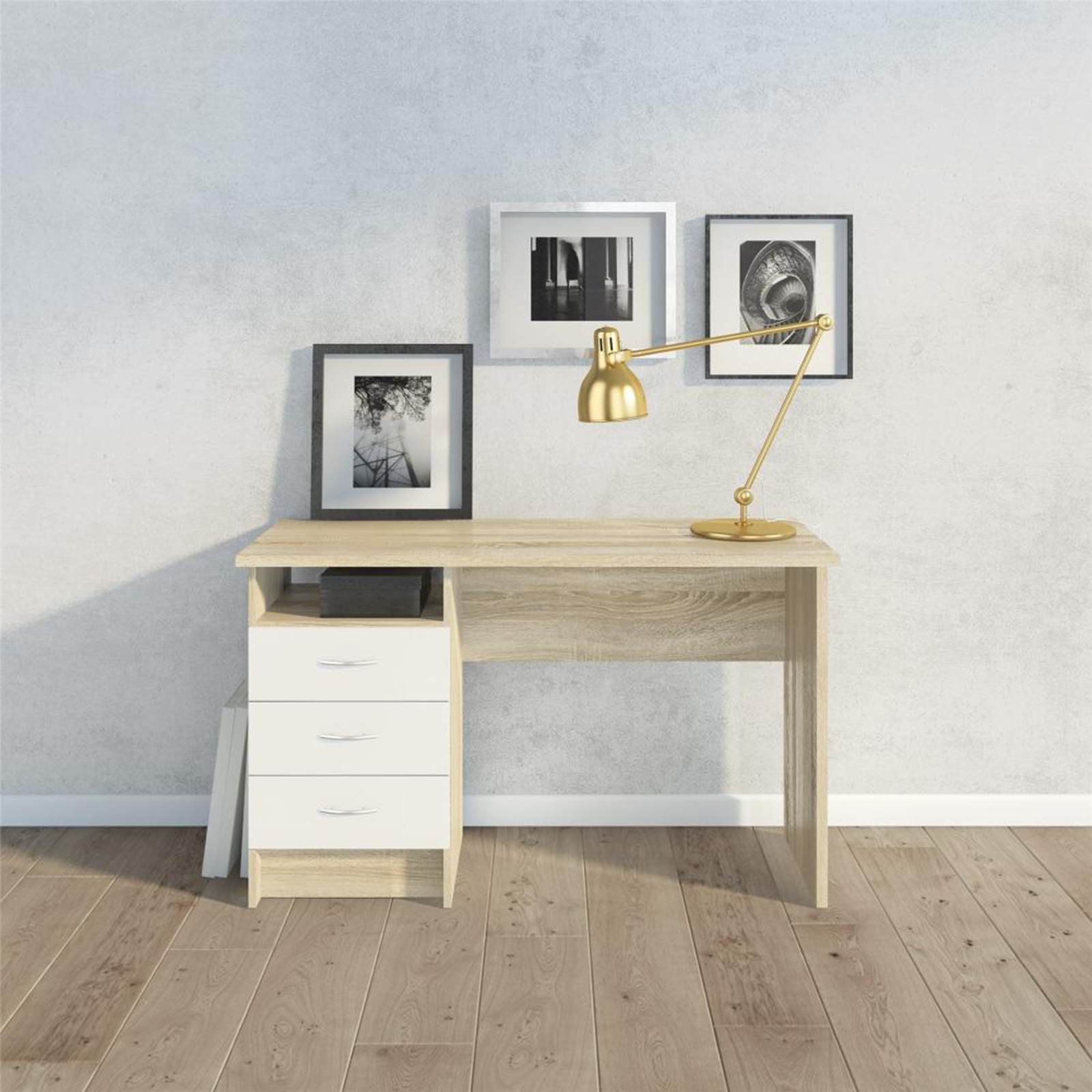 Desk with 3-drawer chest of drawers "Function Plus" in oak and white wood, 120x48 cm, 73h
