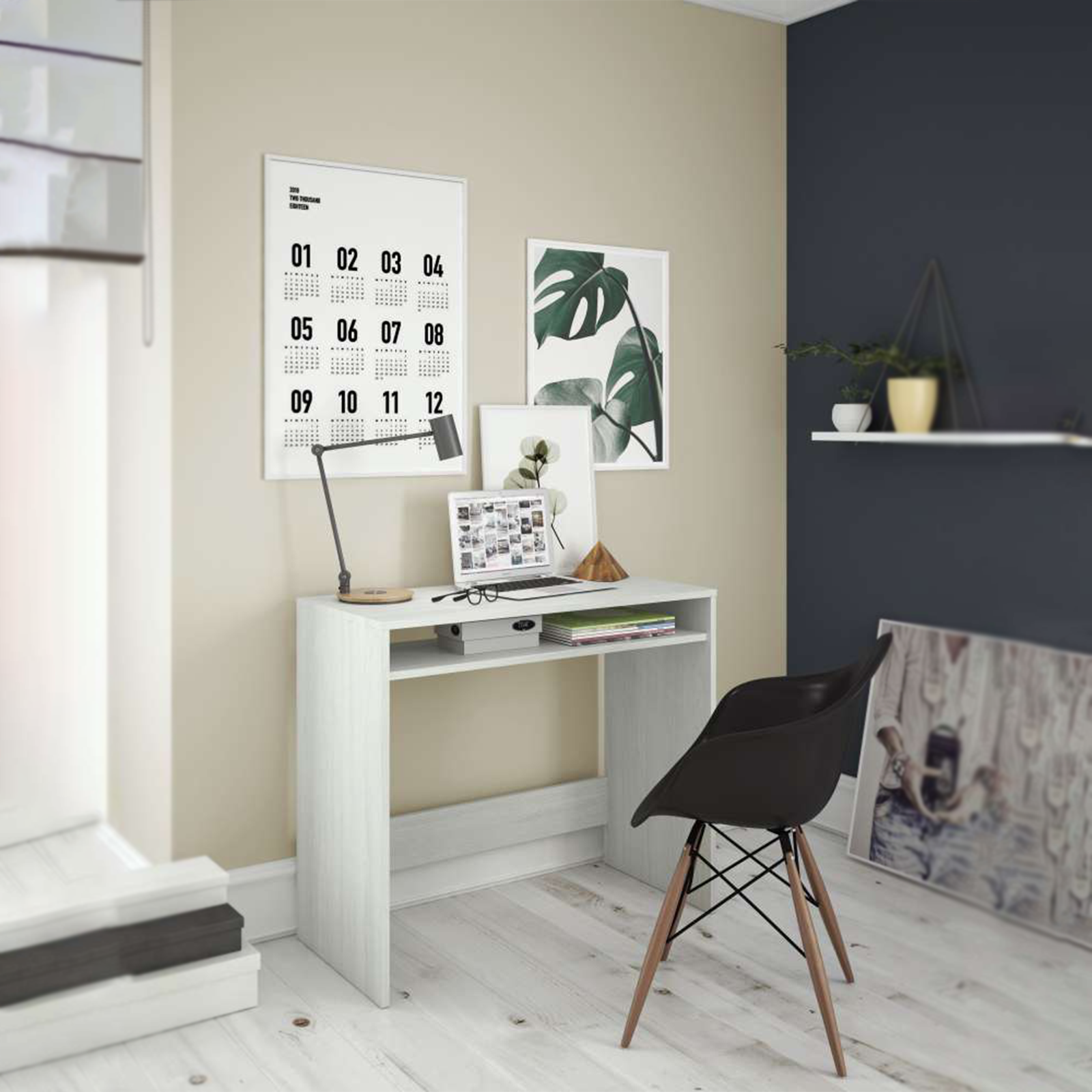 "Star" white wooden office desk with 1 fixed open shelf, 79x43 cm, 78h