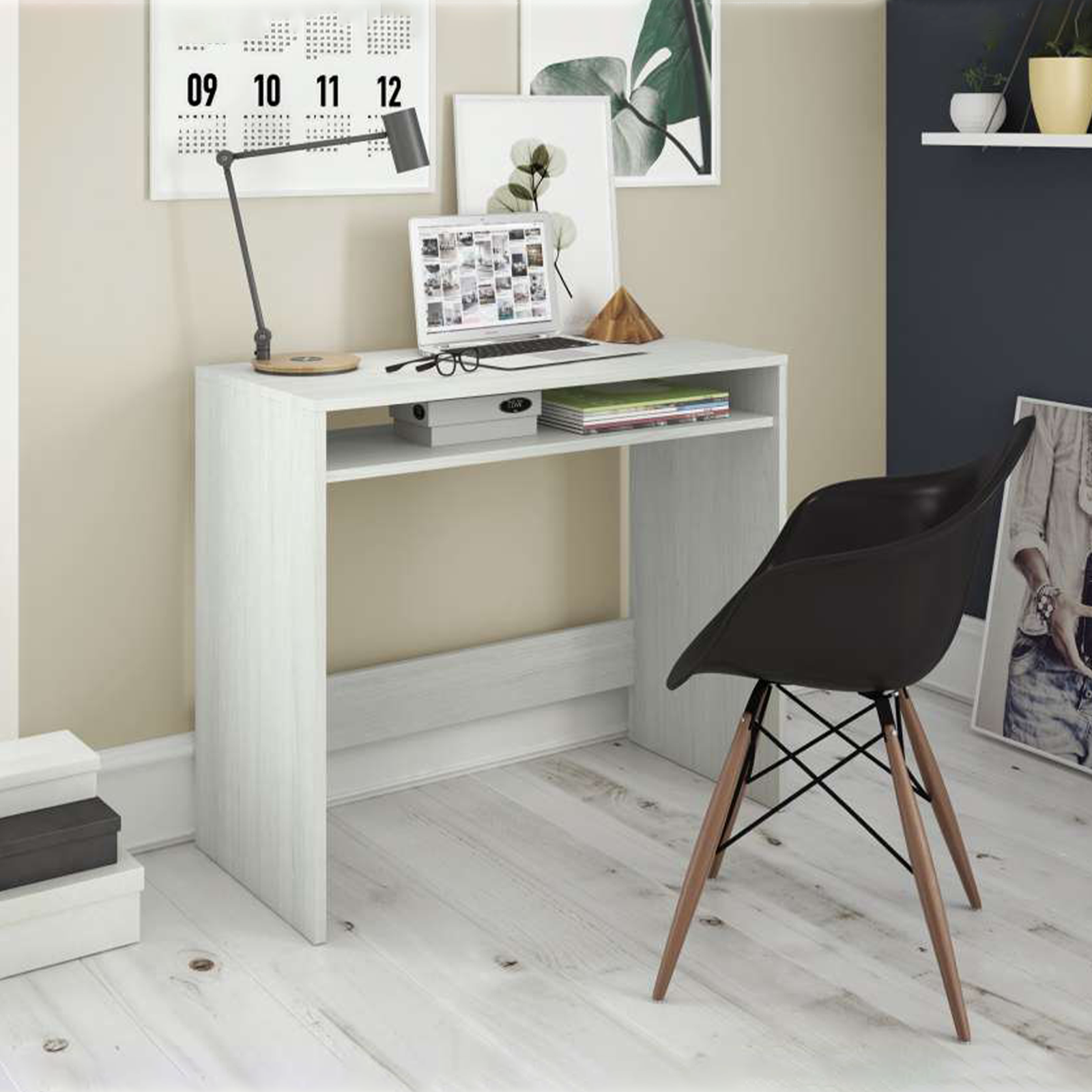 "Star" white wooden office desk with 1 fixed open shelf, 79x43 cm, 78h