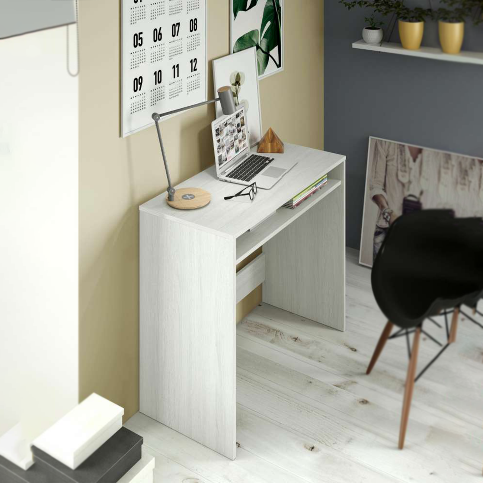 "Star" white wooden office desk with 1 fixed open shelf, 79x43 cm, 78h