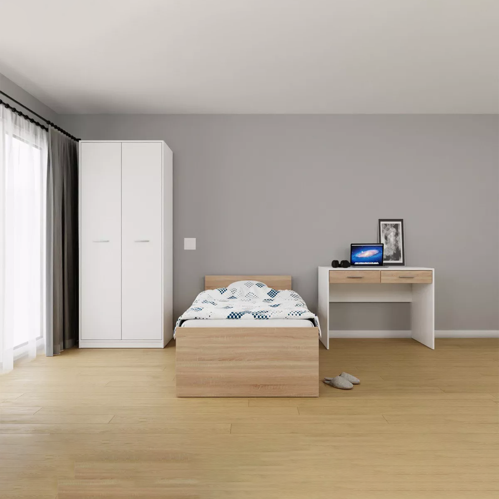 White wooden "USB" office desk with 2 oak drawers, 100x60 cm, 75 cm high