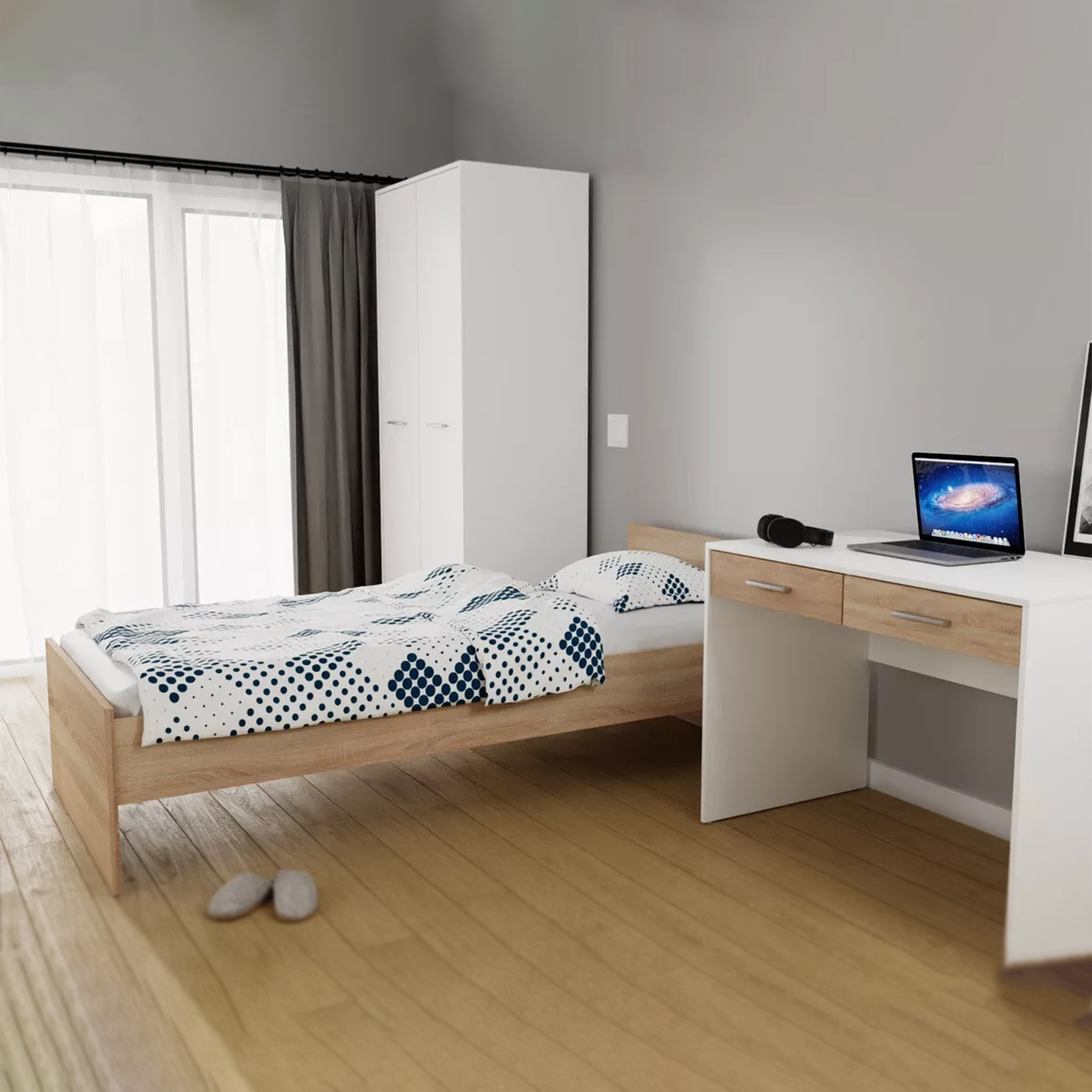 White wooden "USB" office desk with 2 oak drawers, 100x60 cm, 75 cm high