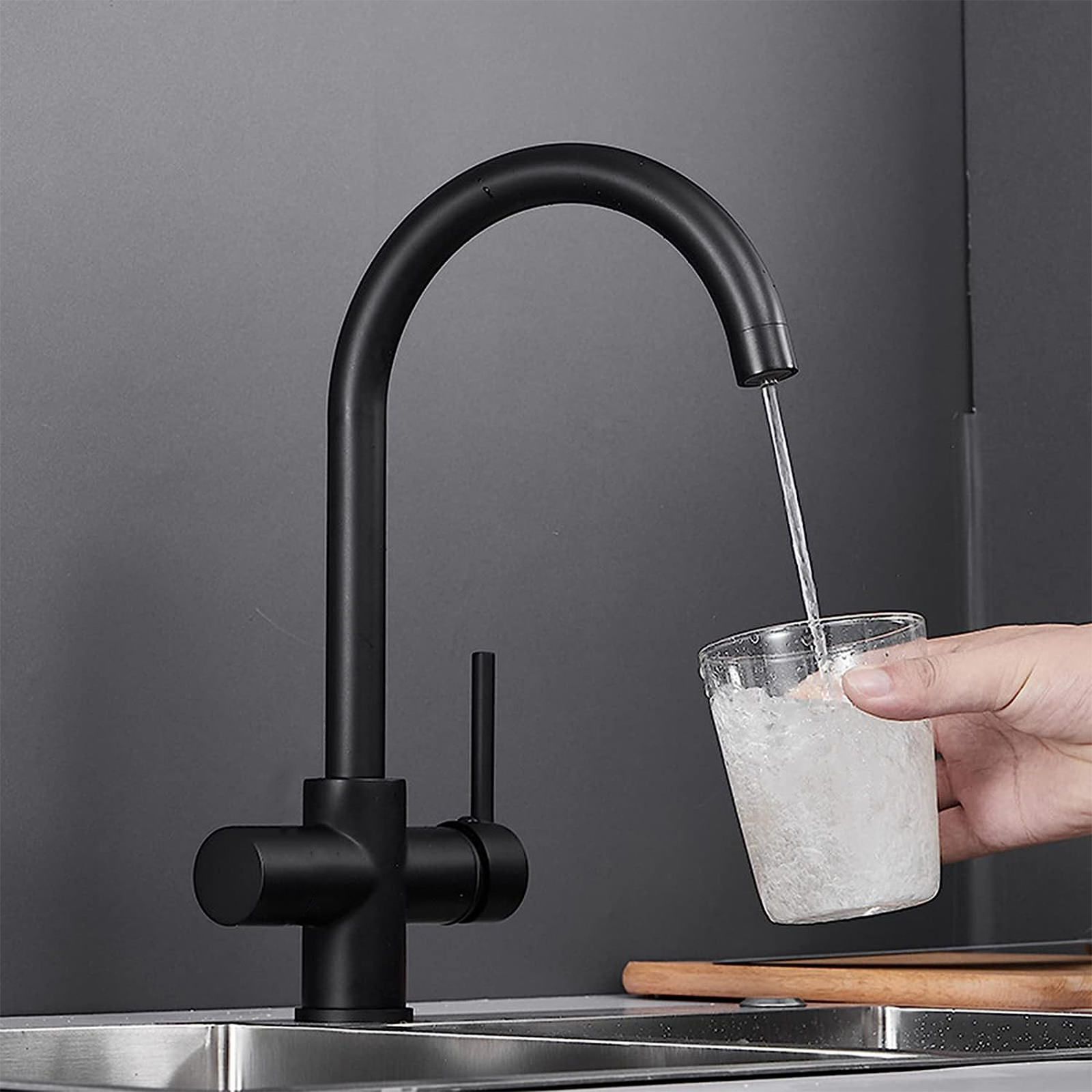 "Gemini" high-spout mixer tap for modern sink in matte black