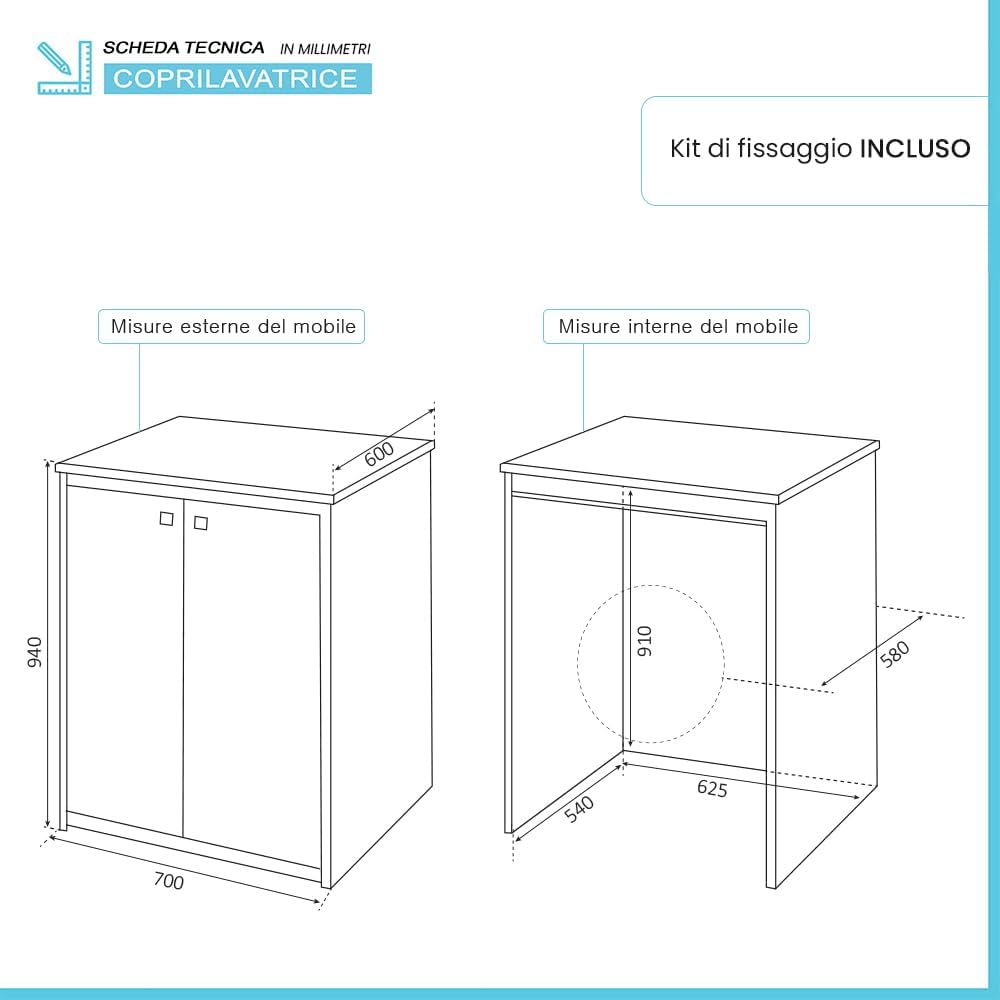 "Niji" washing machine cover in PVC with magnetic closure and adjustable feet, 60x70 cm, 90 cm high