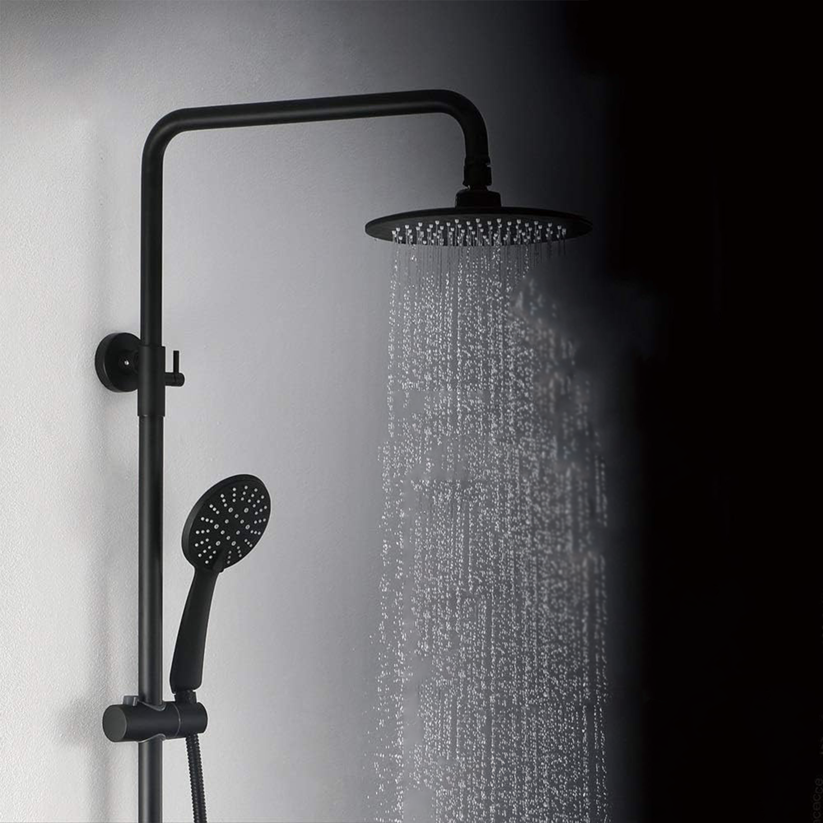 Adjustable matt black aluminium shower column with single jet hand shower and sliding rail